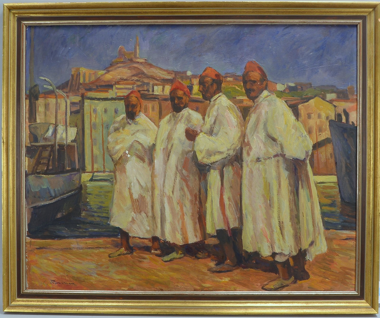 Gemälde, 'Araber im Hafen von Marseille', Öl/Lw, sign.; Rahmenmaße 75 x 91 cm