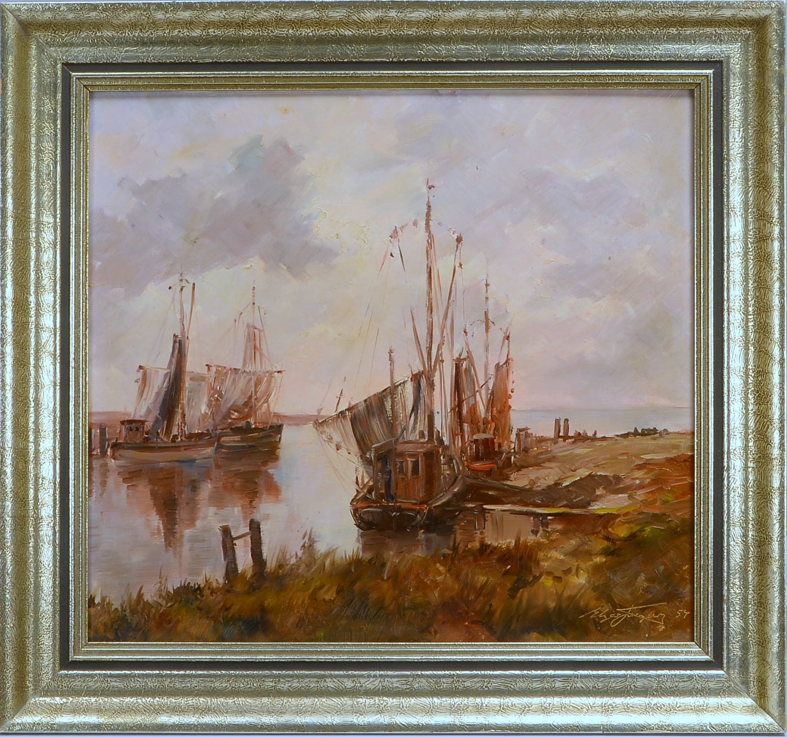 Freyberg, Edgar, 'Fischerboote am Ufer', Öl/Hf, sign.; Rahmenmaße 56,5 x 61,5 cm