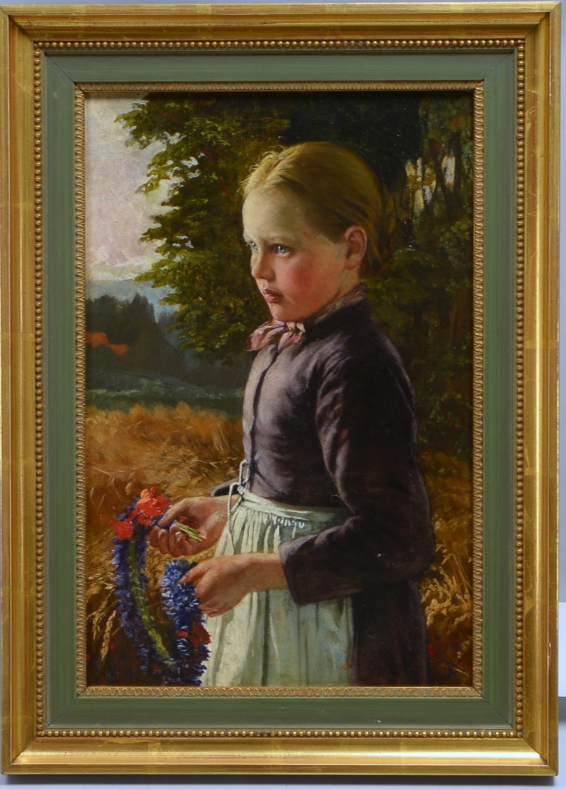 Gemälde, alt, 'Junges Bauernmädchen mit Kranz...', Öl/Eichenholzplatte, unsign.
