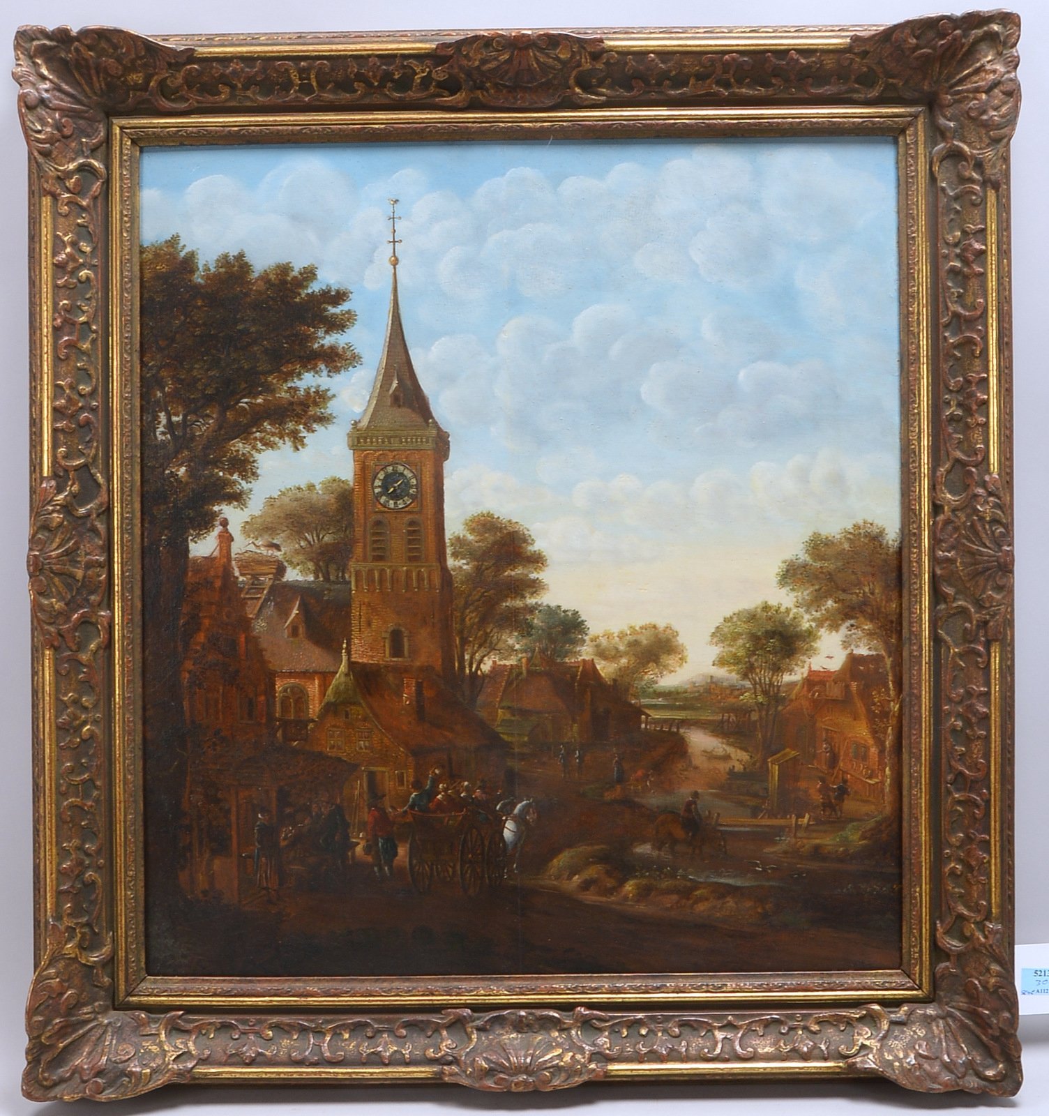 Antike Bilderuhr, 'Dorfszene mit Kirchturm...', Öl/Platte, Uhrwerk eingearb.