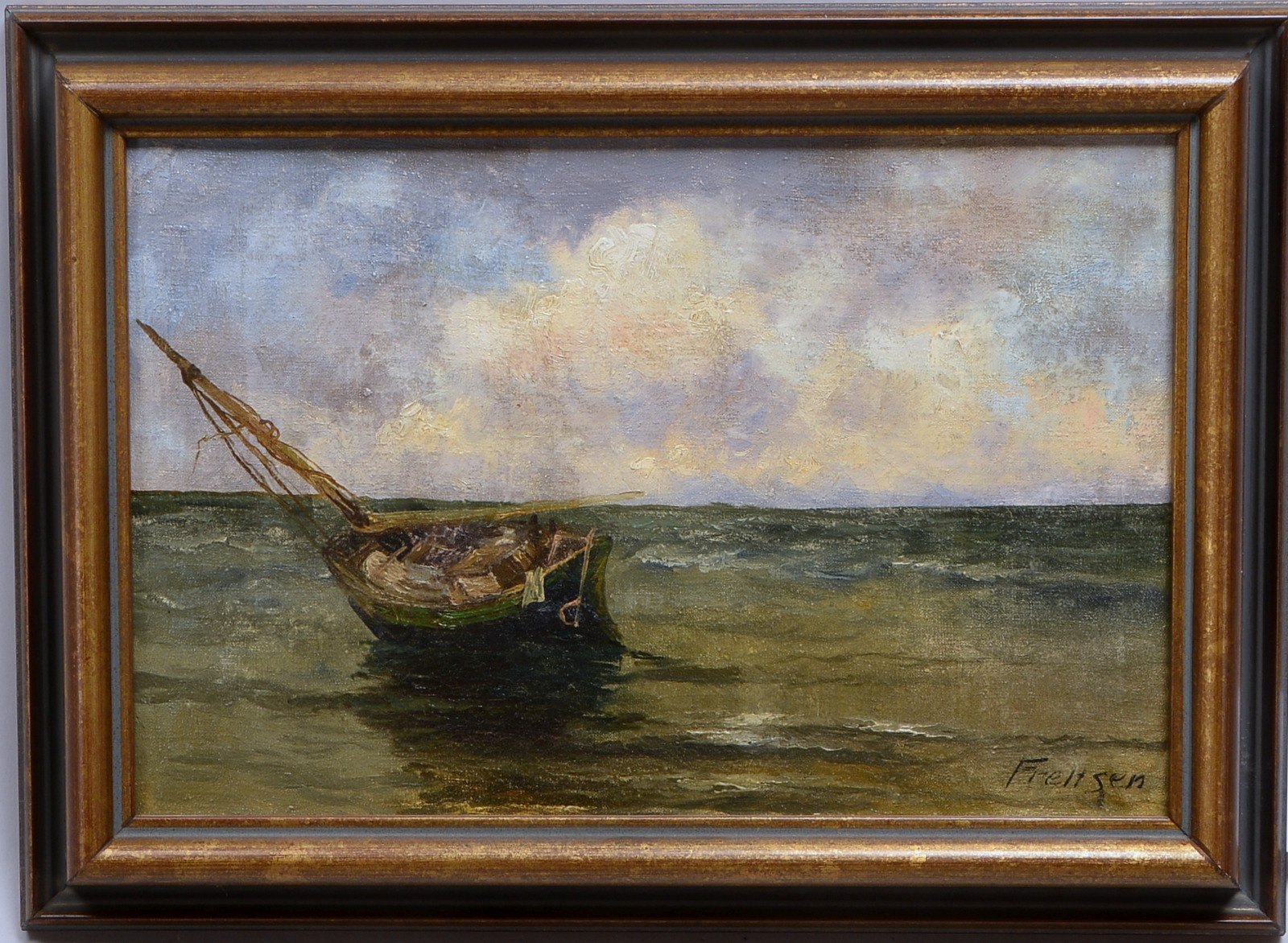 Frensen,(-?), maritimes Gemälde, 'Angelandetes Fischerboot', Öl/Lw, unten re. sign.