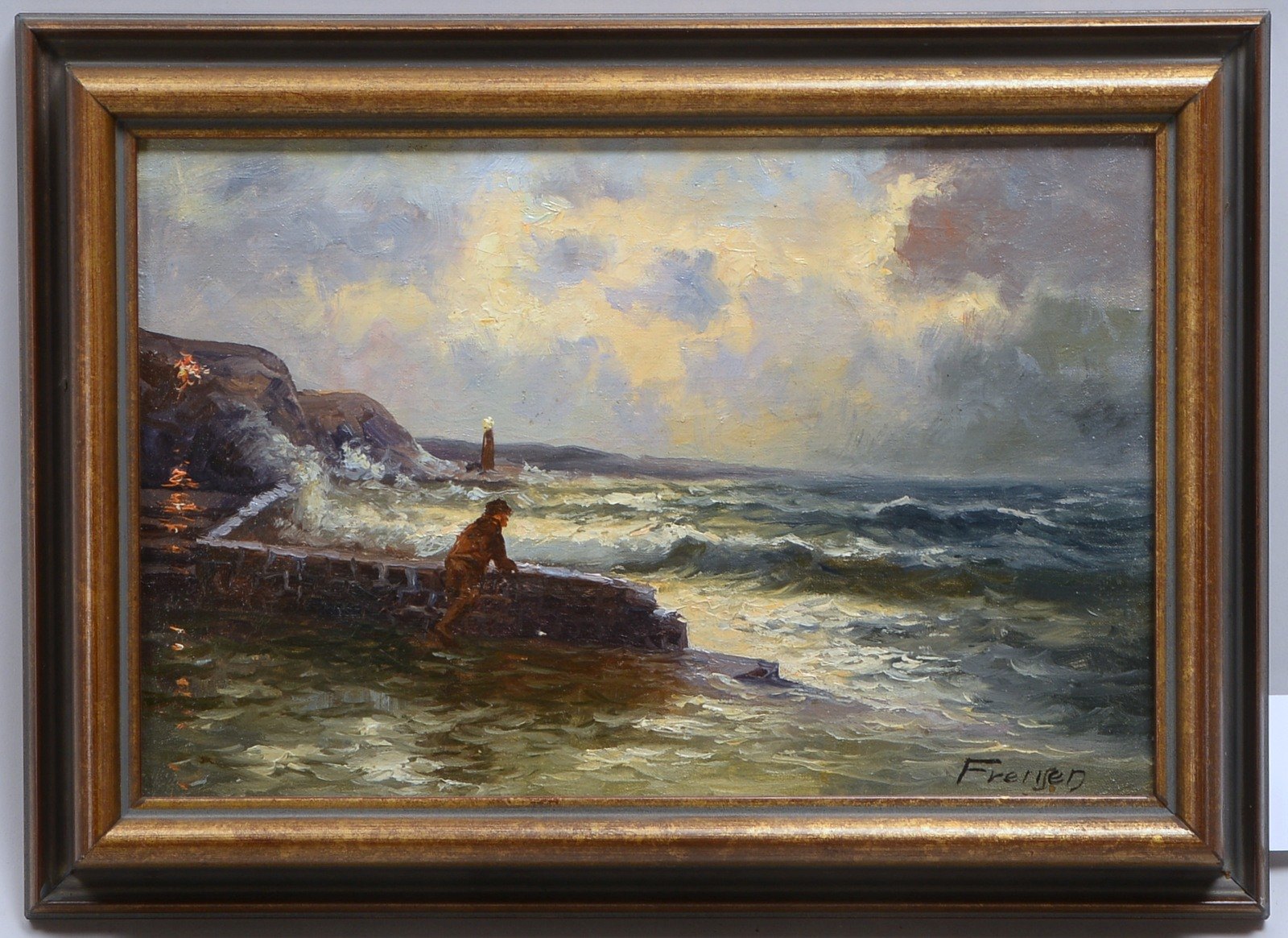Frensen,(-?), maritimes Gemälde, 'Fischer an der Hafenmole', Öl/Lw, unten re. sign.