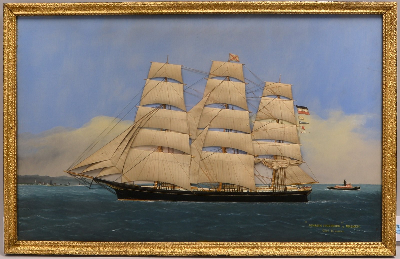 Willis, Thomas, Kapitänsbild, 'Joh. Friedrich', Öl auf Lw/doubl., 'Segler' auf Stoff gestickt, hinte