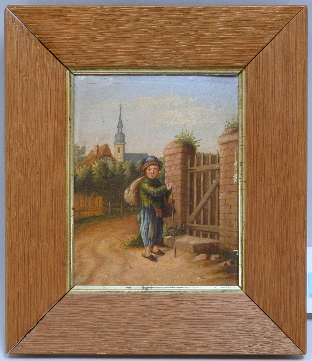 Gemälde, 'Knabe auf Wanderschaft', Öl auf Lw/Holz, unsign.; Rahmenmaße 28,5 x 24,5 cm