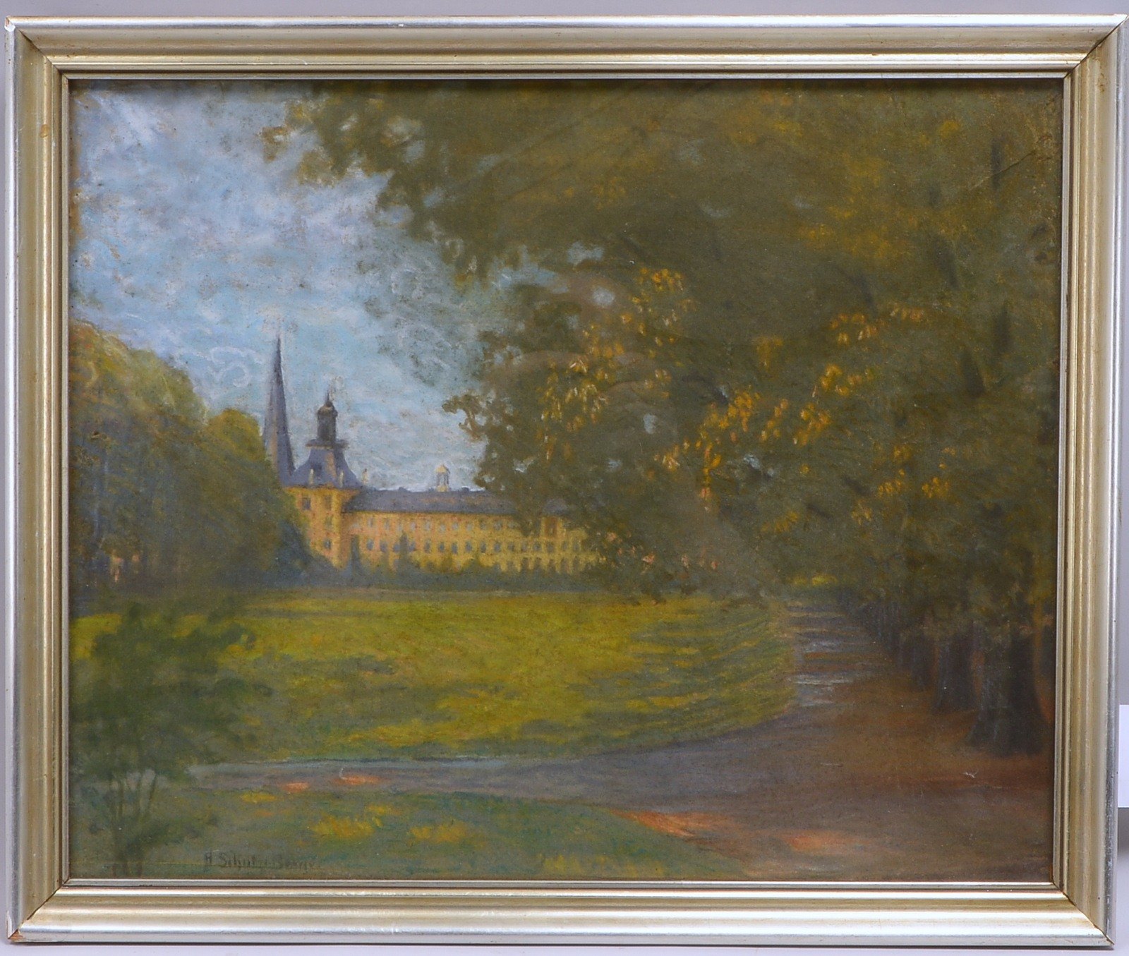 Schulze-Berger(?), A., 'Schlossansicht im Park', Kreidepastell, unten links sign., hinter Glas