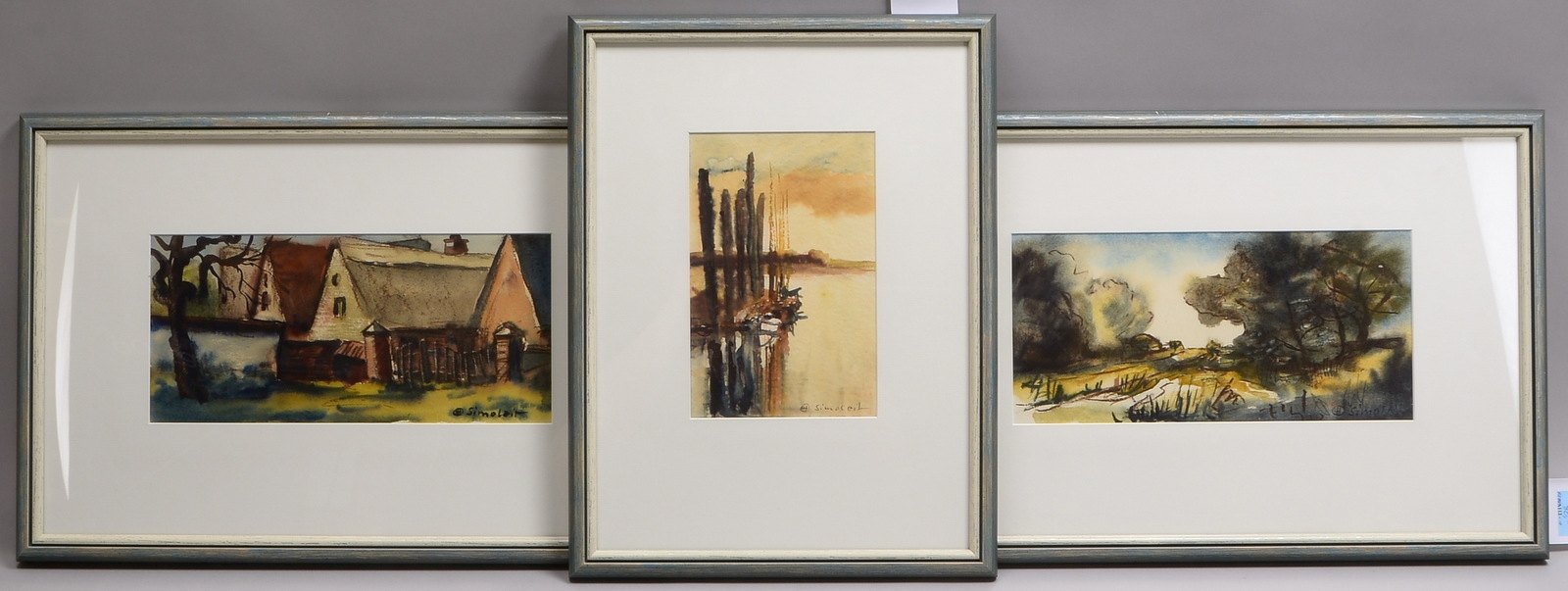 Simoleit, Hans, 3 Aquarelle, 'Dorf, Landschaft, Küste', jew. sign., unter PP hinter Glas