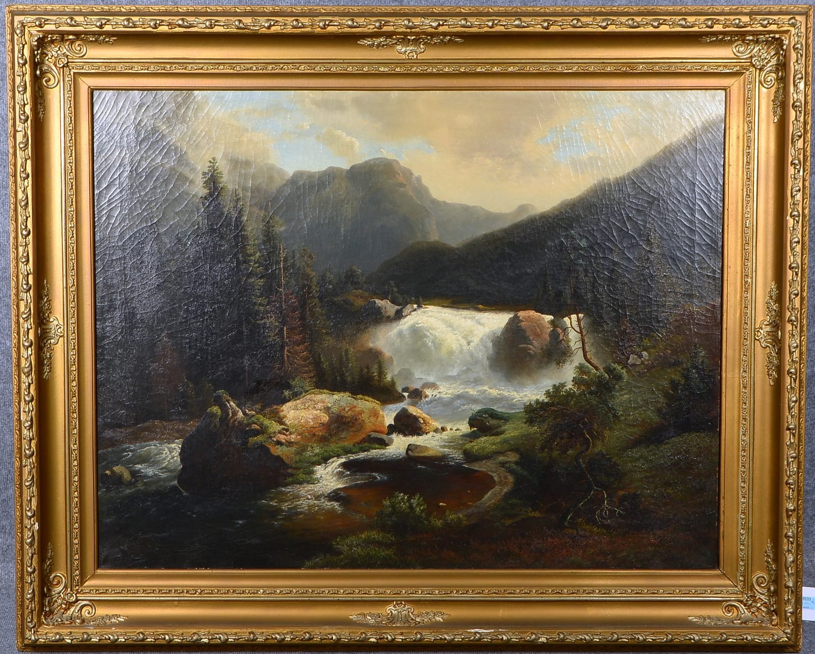 Gemälde, 'Gebirgsfluss mit Wasserfall', Öl/Lw, unsign.; Rahmenmaße 104 x 129 cm