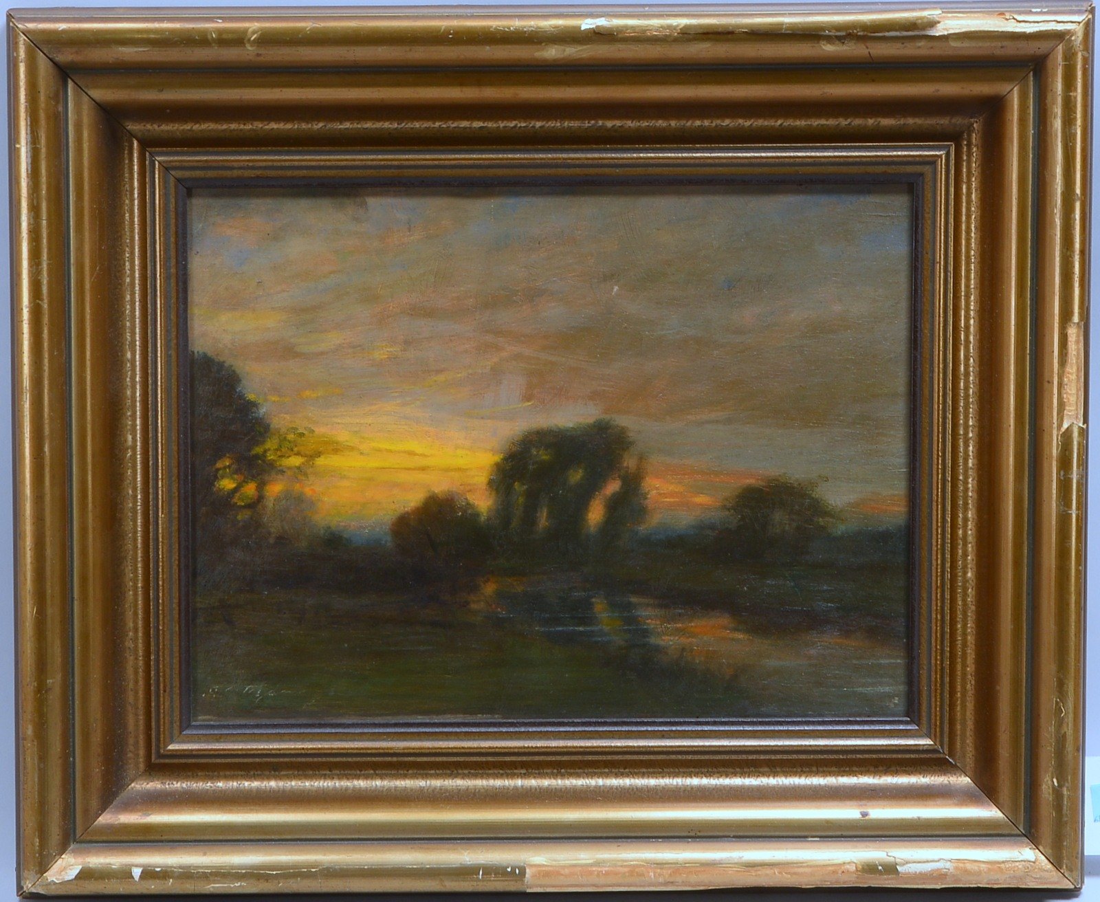 Gemälde, 'Landschaft bei Sonnenuntergang', Öl/Holz, sign.; Maße 49 x 59 cm