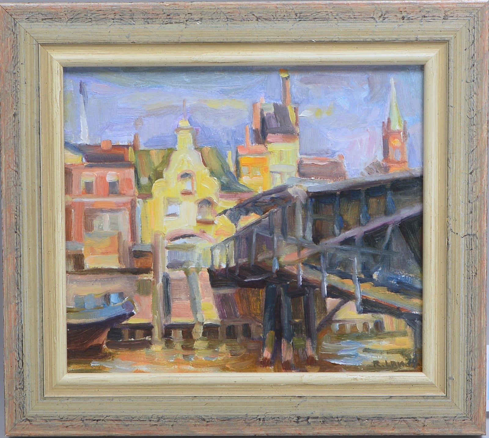 Lau, R., 'Holzbrücke vor Häuserzeile', Öl/Platte, unten re. sign.; Rahmenmaße 34 x 38 cm