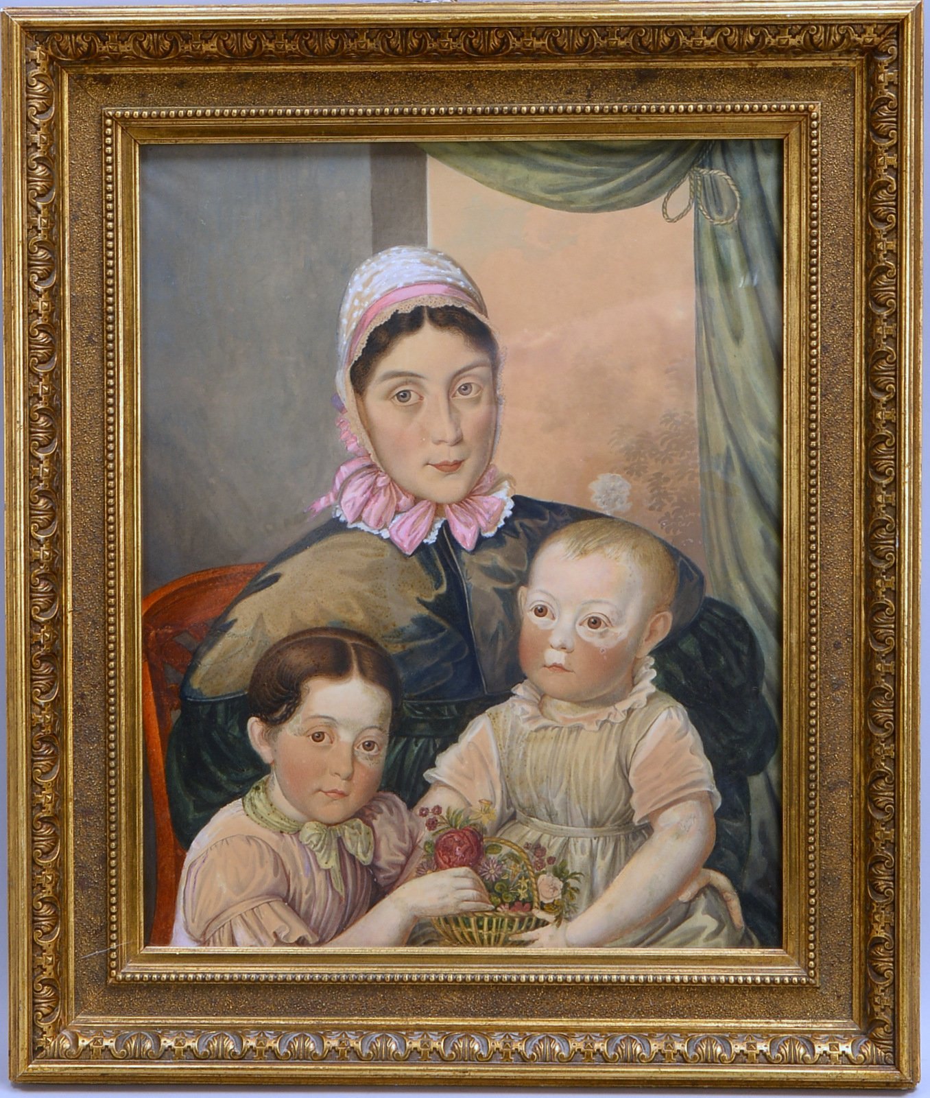 Mischtechnik, 'Frauenportrait mit zwei Kindern', unsigniert, hinter Glas gerahmt