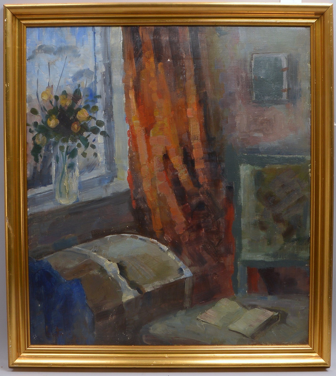 Gemälde, 'Zimmerinterieur mit Blumen', Öl/Lw, sign.; Bildmaße 85,5 x 75,5 cm