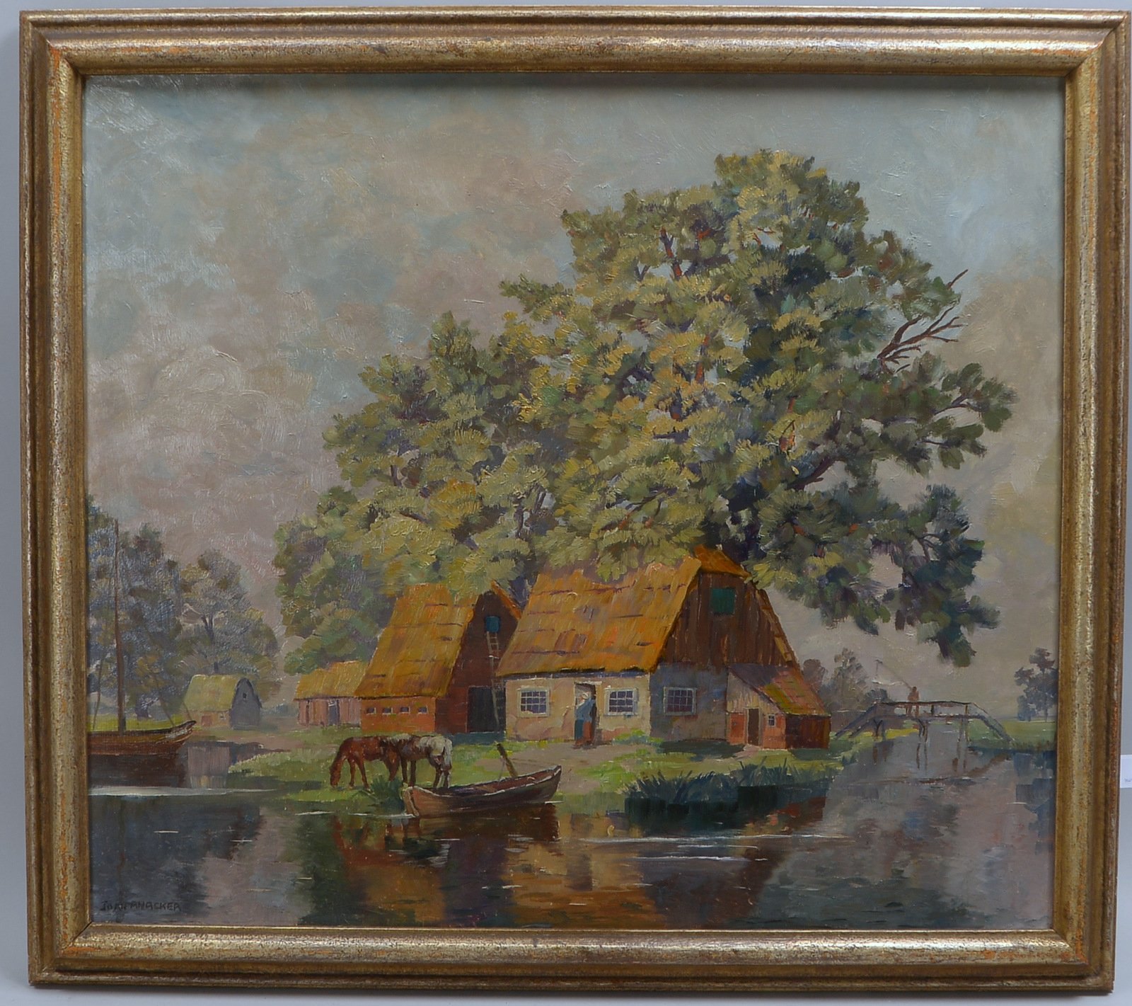 Anacker, Jean, 'Bäuerliches Idyll am Ufer', Öl auf Platte/ger., unten li. sign.