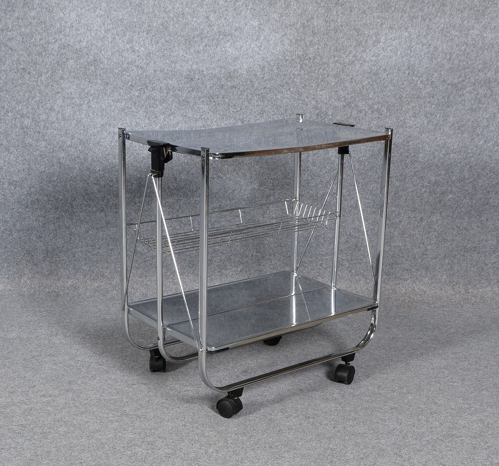 Servierwagen, Chromgestell, mit 2x Ebenen/mit Zwischenablage, auf Rollen; Höhe 69 cm