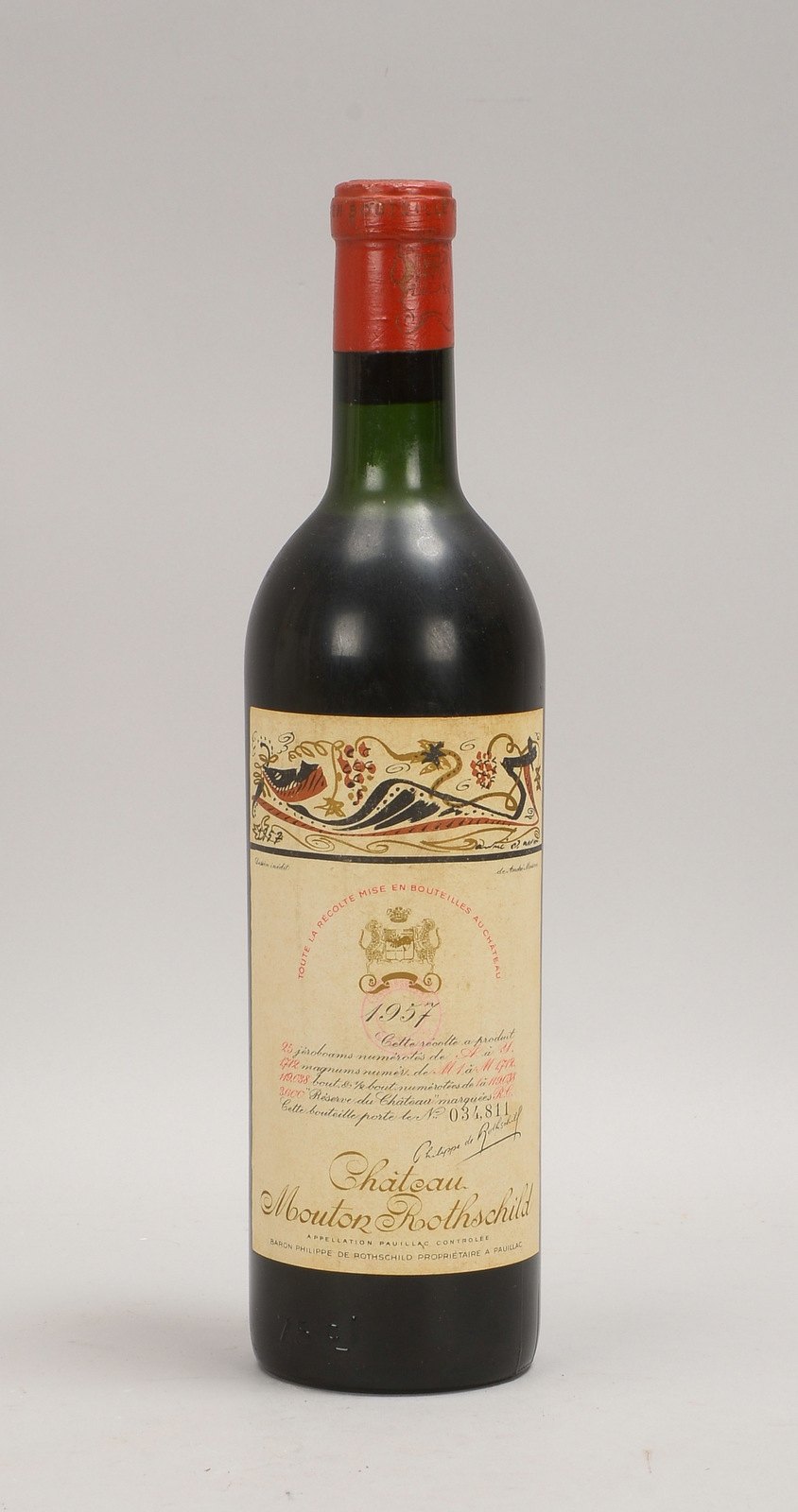 1 Fl. Château Mouton Rothschild, 1957, 'Upper Mid Shoulder' - Kapsel geschl.