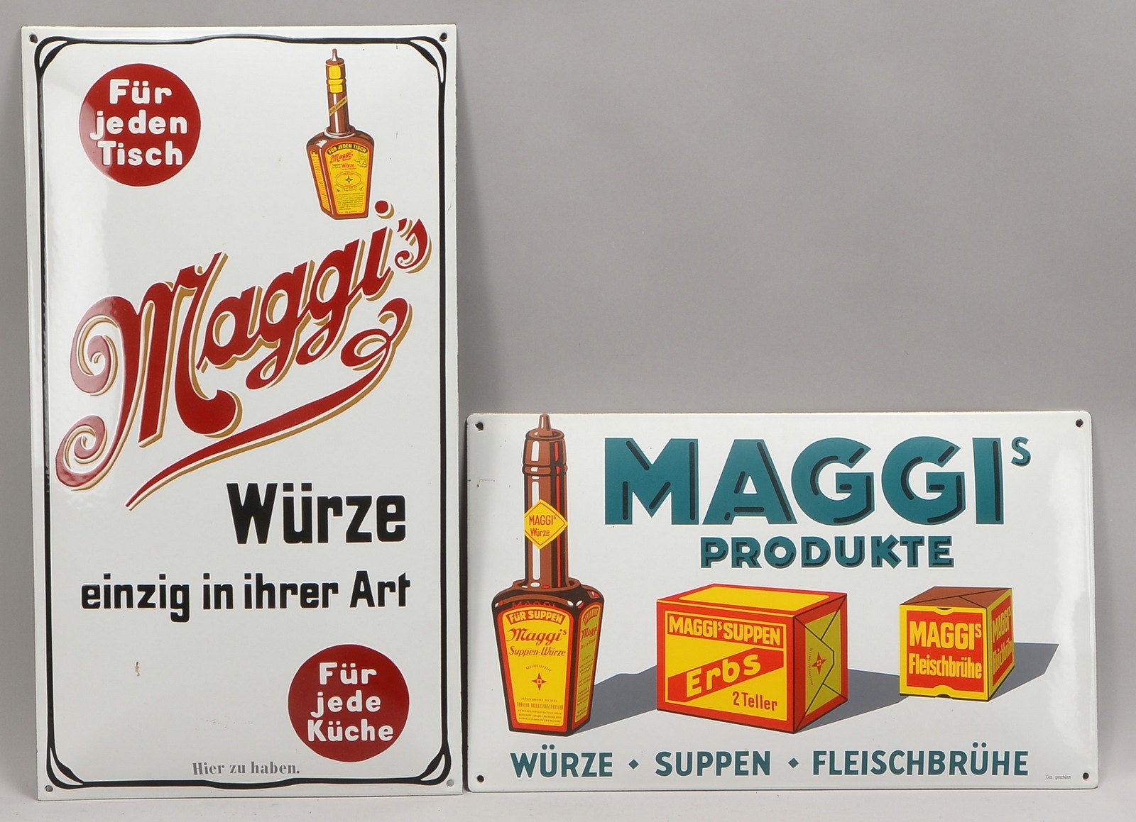 2 Werbeschilder, 'Maggi', Emaille, 1x Maße 30 x 50 cm, 1x Maße 60 x 33 cm