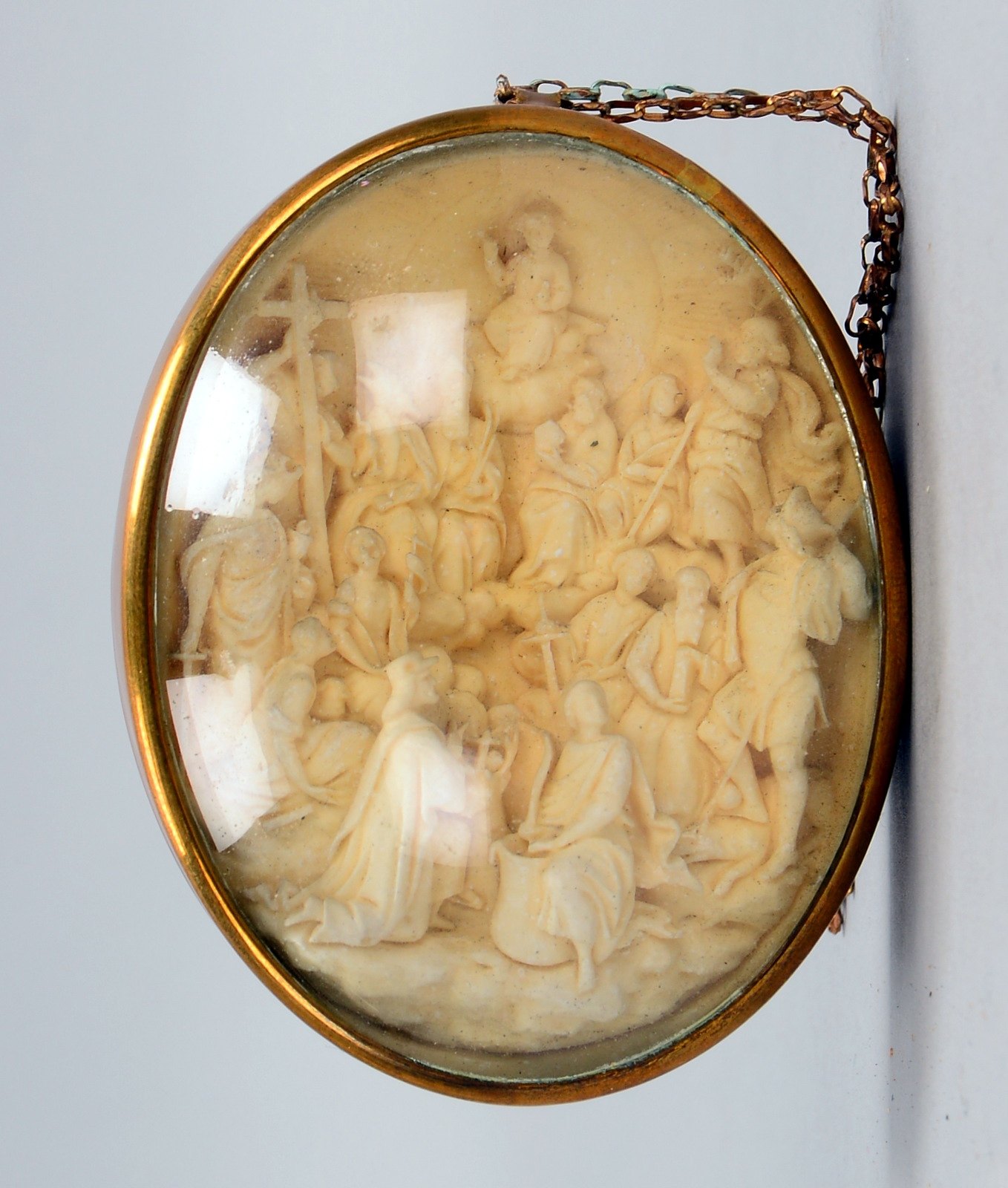 Antike Schnitzerei, Figurengruppe, in Diorama-Form/unter Glas, gefasst, dat. '1888'