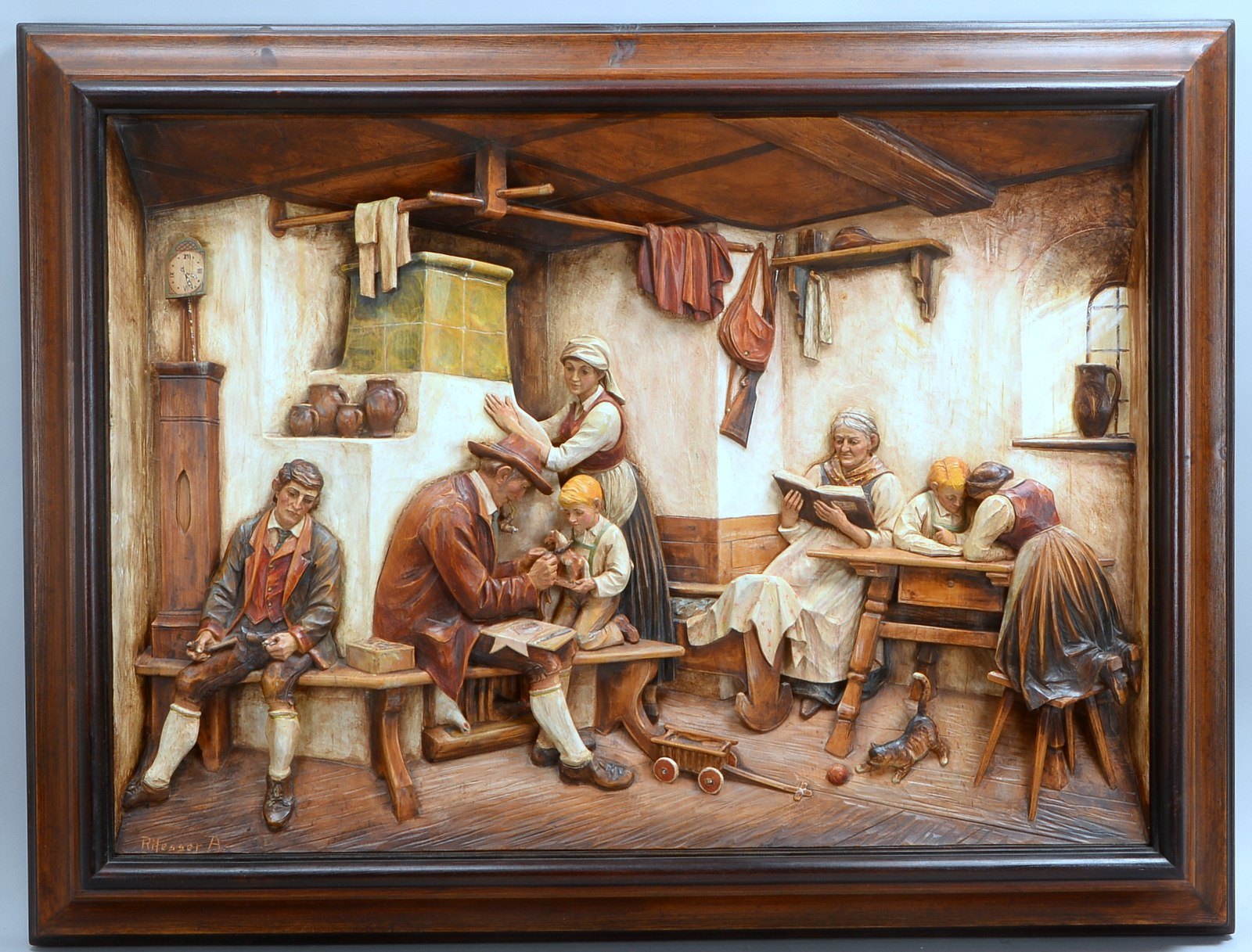 Rifesser, Arnold, 'Sonntagsfriede', gr. Zirbelholz-Relief, Figurenszene gefasst, sign.