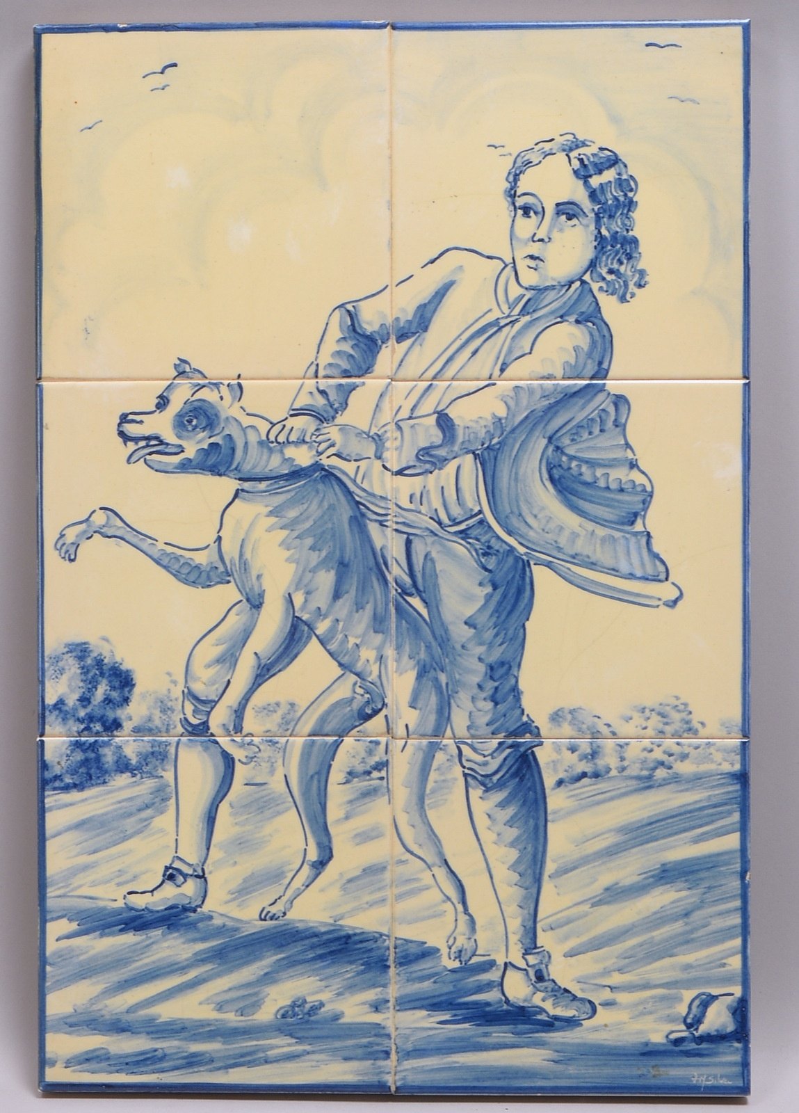 Fliesenbild (wohl Portugal), 'Mann mit Hund', 6x handbem. Fliesen/auf Holzplatte, sign.