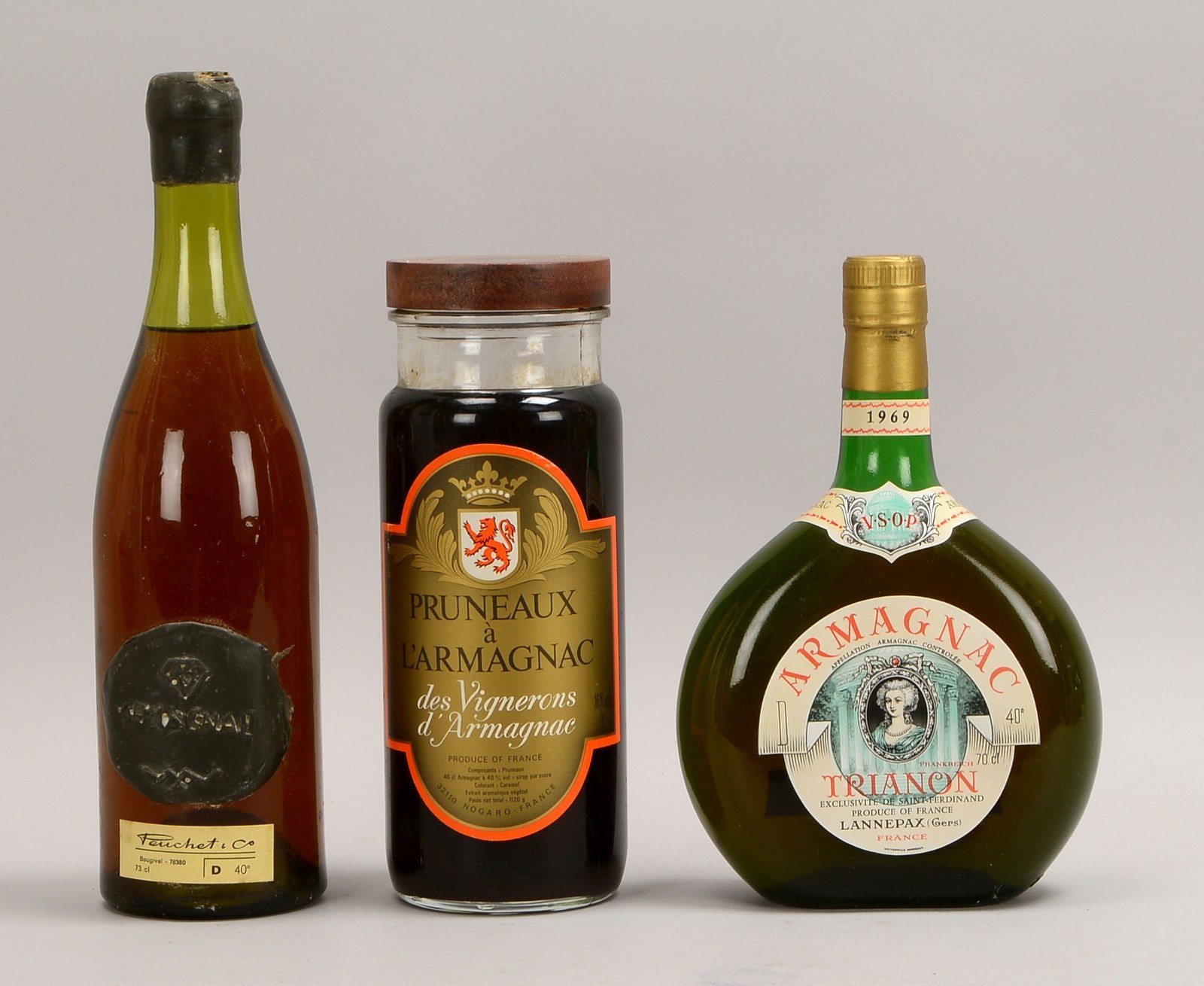 Sammler-Armagnac, 3 Fl.: je 1x Armagnac Peuchet, Trianon, und Pruneaux