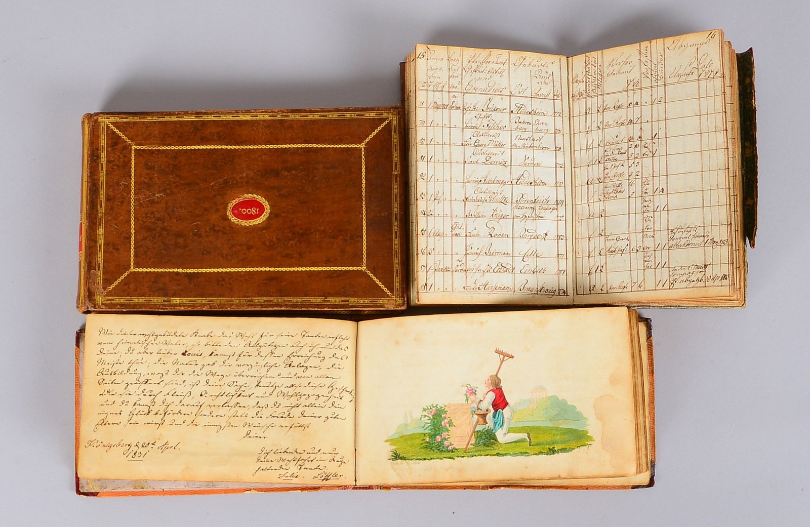 2x Poesiealben/davon 1x Biedermeier, um 1835, fein gestaltet; und 1 persönl. Kriegsakte