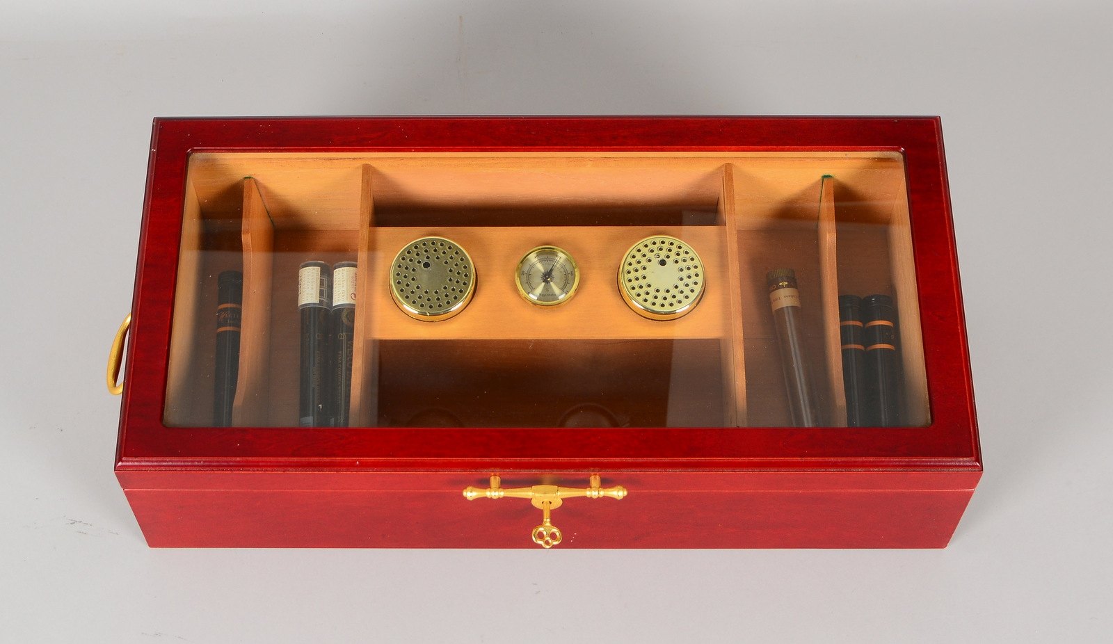 Humidor, Mahagoni-Optik, verglaster Deckel, innen mit Hygrometer/Befeuchter