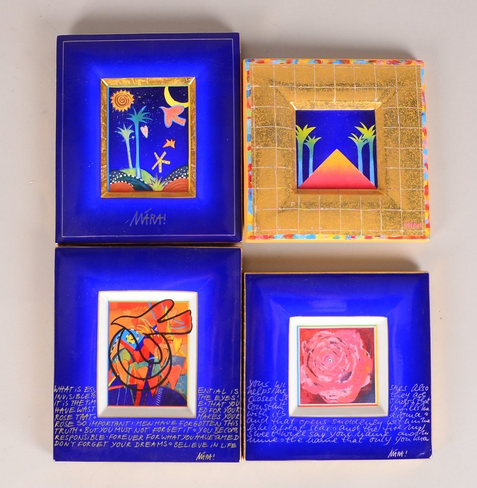Goebel, 4 Porz.-Bilder (Entw. Mára!): 'Moonbird', 'Rose', 'Palmen/Pyr.', 'Vögel' - in OVP