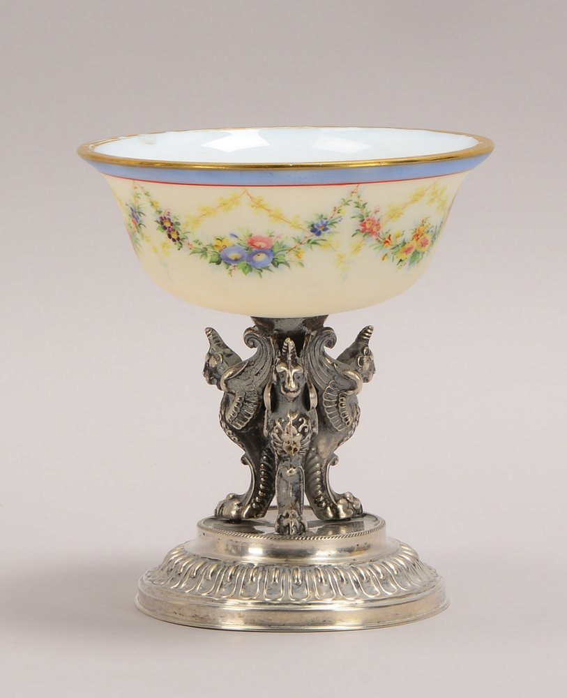 Tischaufsatz-Schale, Kuppa mit feiner flor. Malerei, auf Silber-Stand (gepr.); Ø 13,5 cm