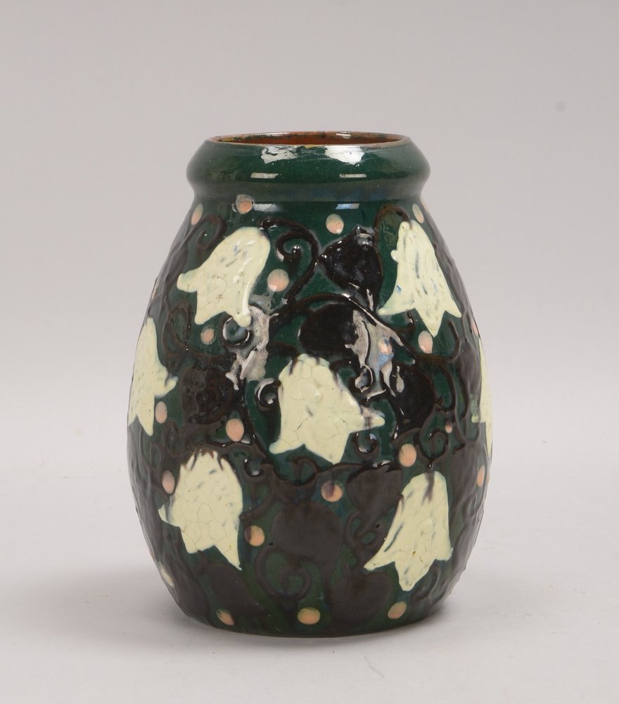 Märkische Kunst- und Bauerntöpferei Hermsdorf, Künstlerkeramik, Tischvase, Dekor 'Glockenblumen'; Hö