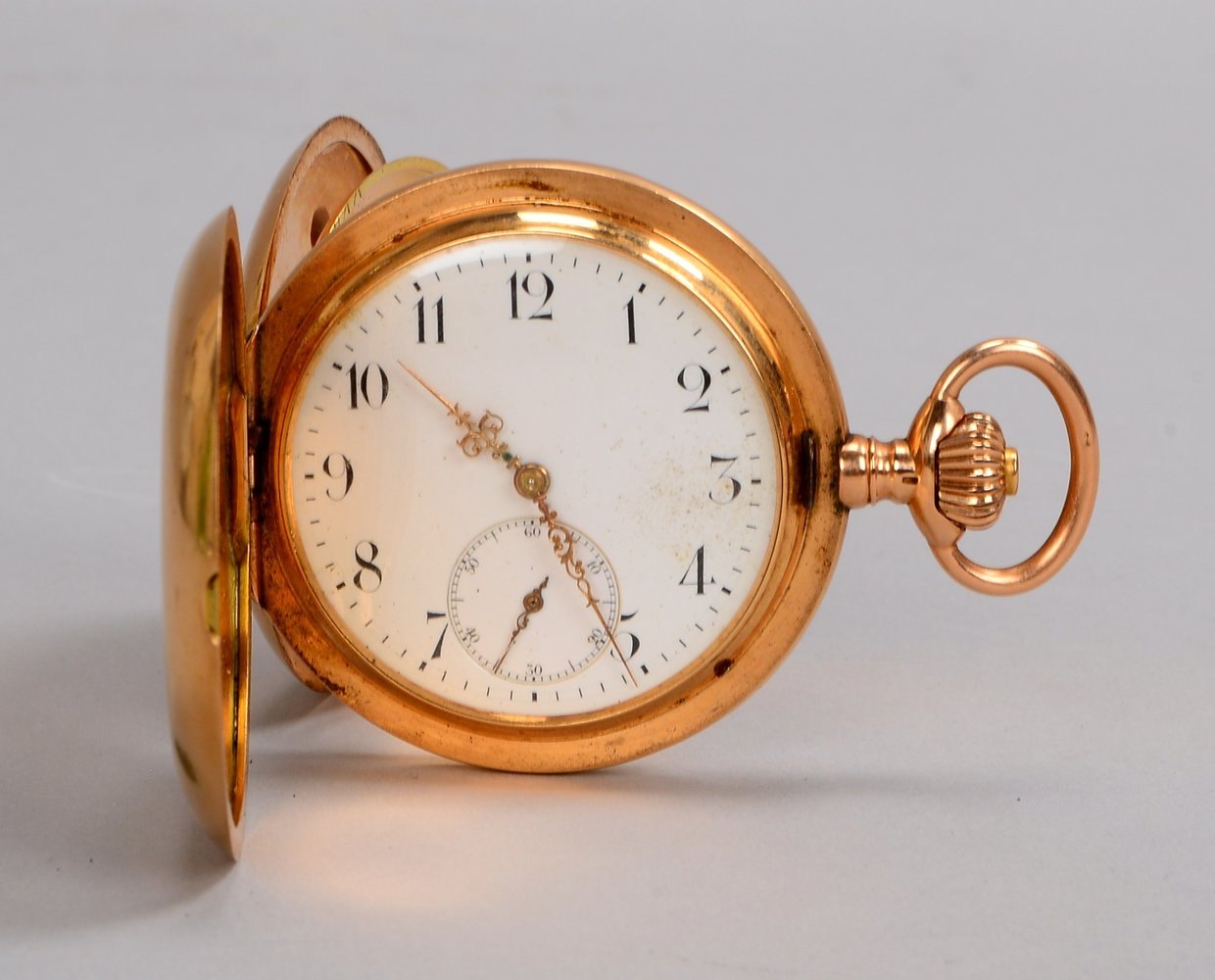Taschenuhr, JWC, drei Deckel 585 GG, weißes Ziffernblatt, läuft an; Ø 53 mm, Gew. 118 g