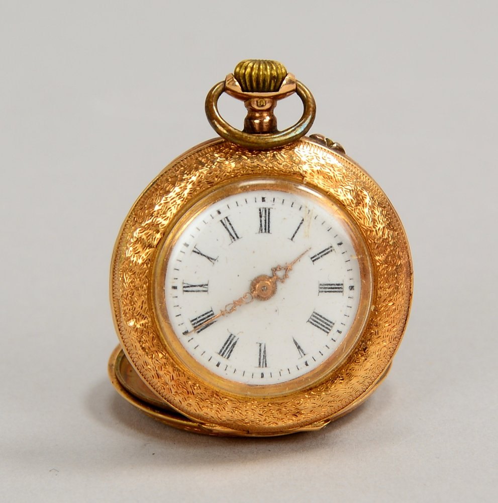 Damentaschenuhr, 585 GG-Geh. mit Metall-Staubdeckel - ungeprüft; Ø 28 mm, Gew. 18 g