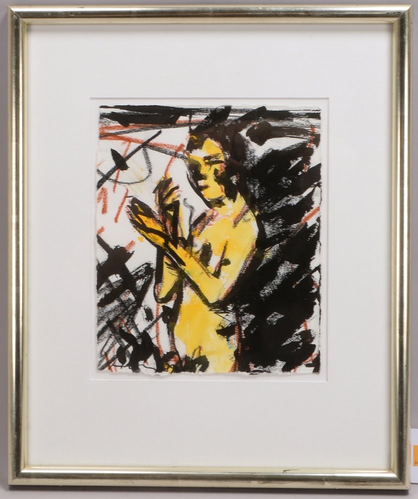 Hahn, Friedemann, 'Gelber Faun im Wald', Mischtechnik, sign./dat., unter PP hinter Glas