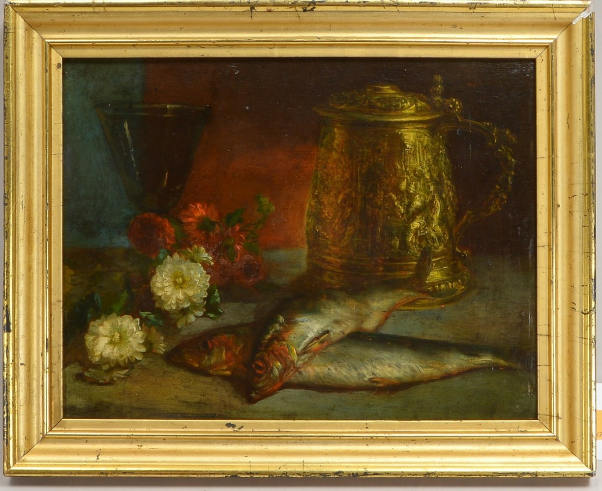Gemälde, 'Stillleben mit Krug und Fischen', Öl auf Holz/ger.; Rahmenmaße 33 x 41 cm