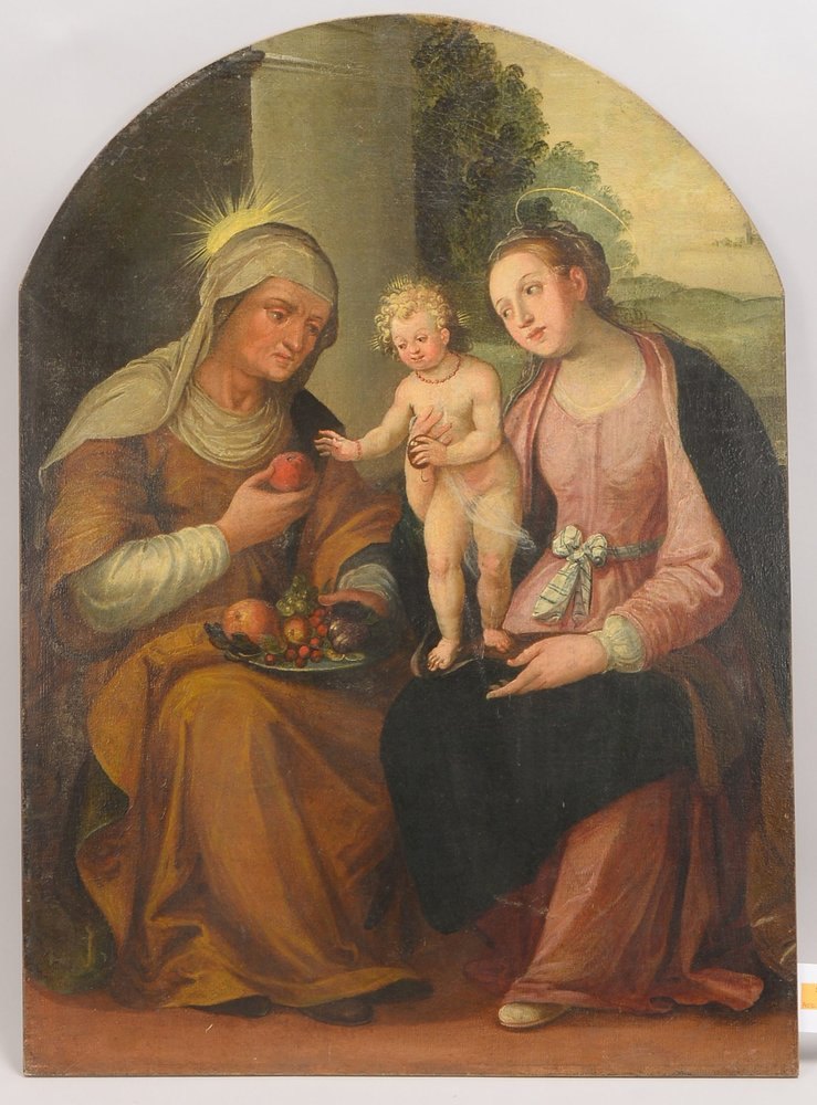 Sakrales Gemälde, 'Anna Selbdritt, Maria und Jesuskind', Öl/Lw auf Holz, unsign.