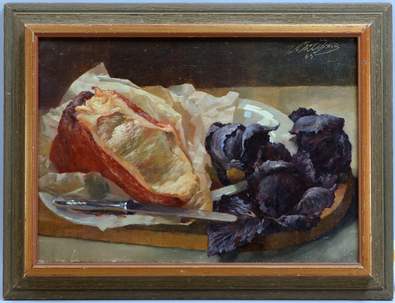 Kluska, Johann, 'Tischstillleben mit Schinken und Rotkraut', Öl/Lw, oben re. sign./dat.