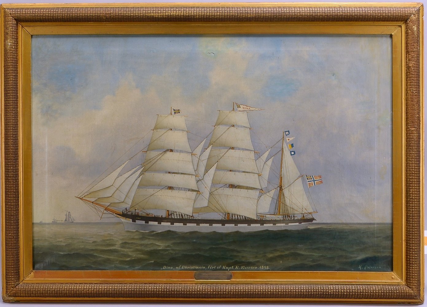 Petersen, H., Kapitänsbild, 'Dina', Öl/Lw, unten re. sign.; Rahmenmaße 70 x 100 cm