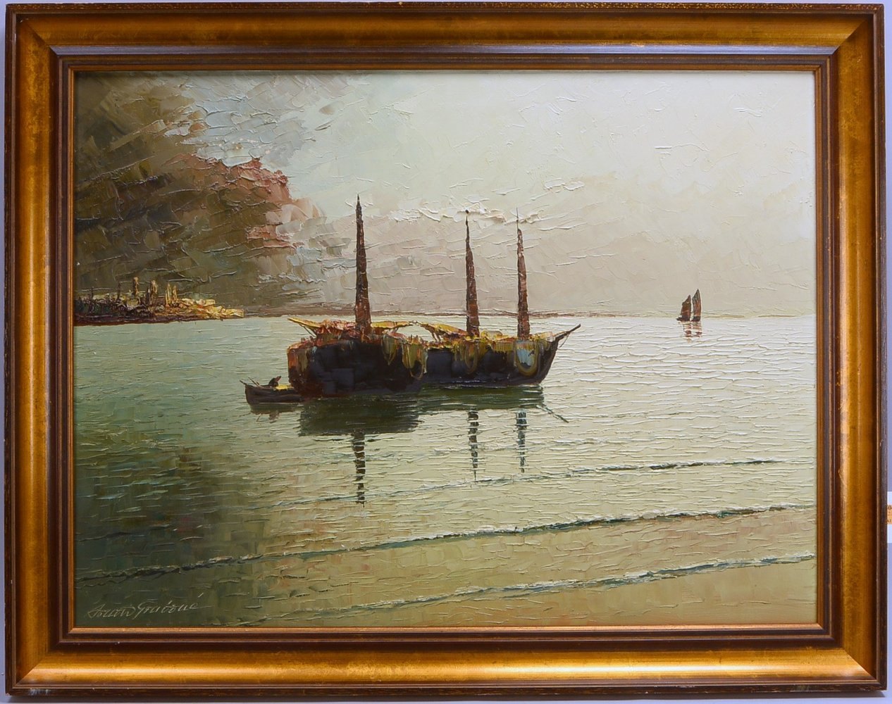 Graboné, Arnold, 'Fischkutter in der Abenddämmerung', Öl/Lw, unten li. sign.