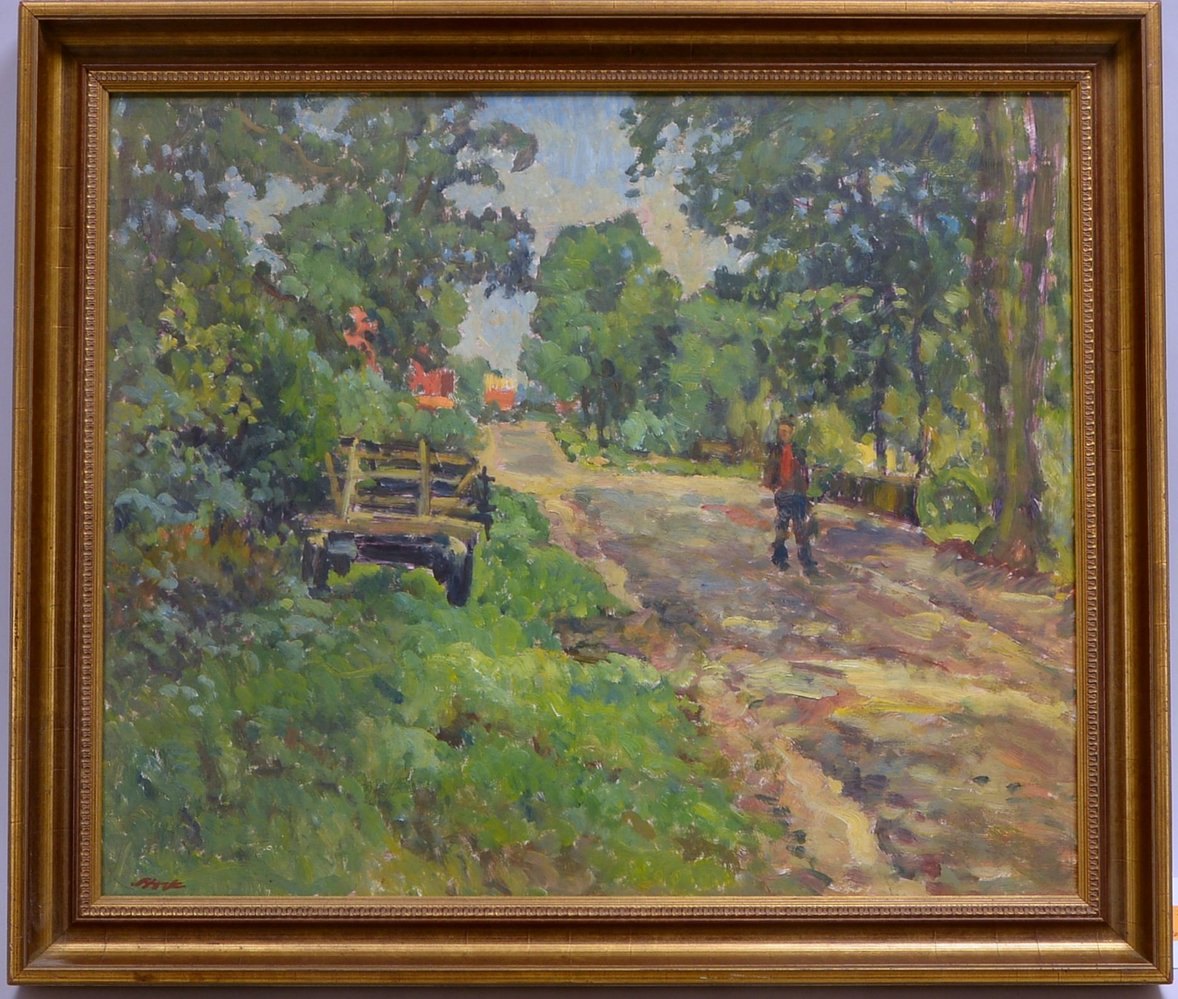 Stock, Wolf Dietmar, 'Dorflandstraße', Öl/Platte, unten li. sign.; Rahmenmaße 58,5 x 68,5 cm