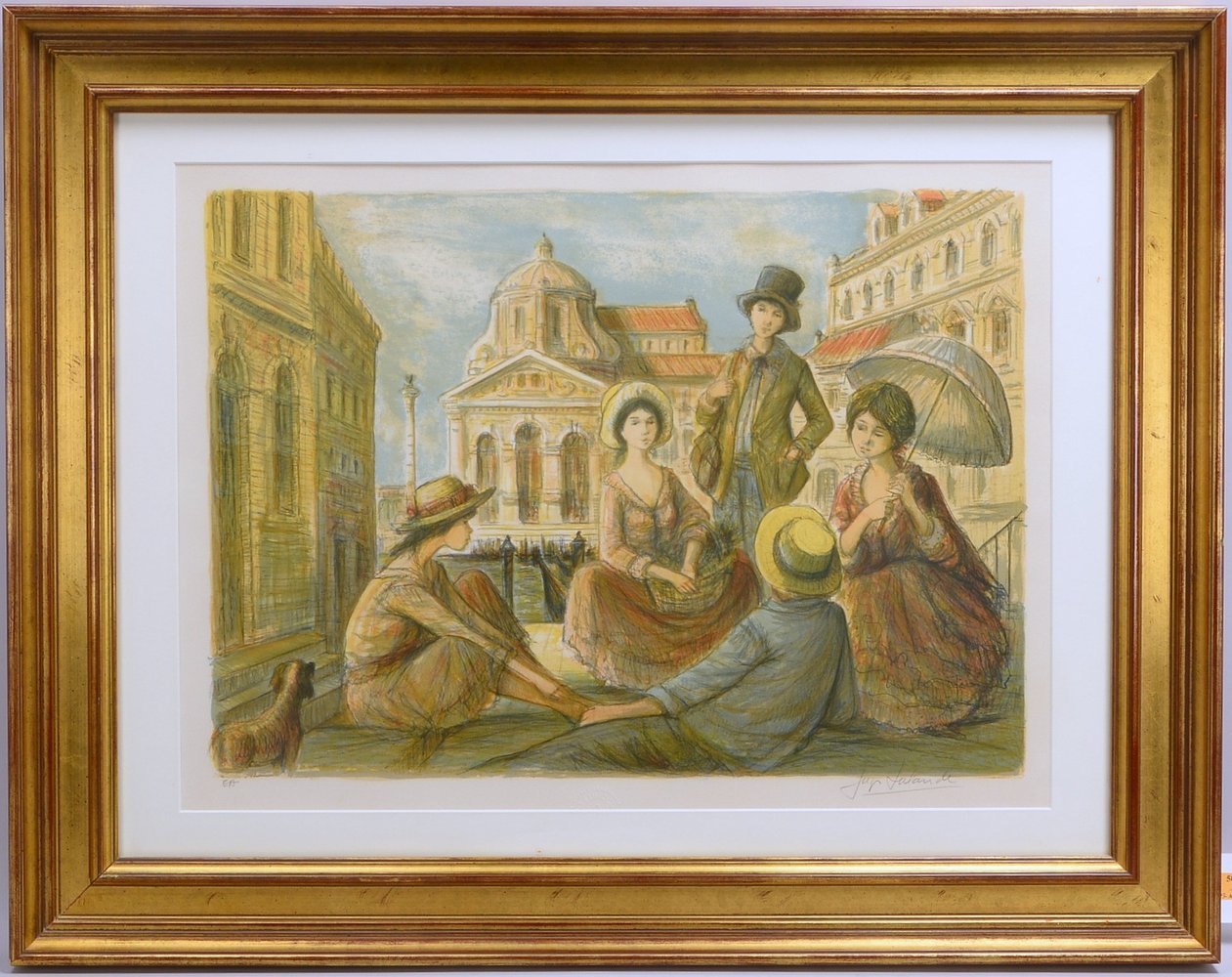 Lalande, Jacques, 'Junge Gesellschaft vor Stadtkulisse', 'E.A.', bleisign., unter PP hinter Glas