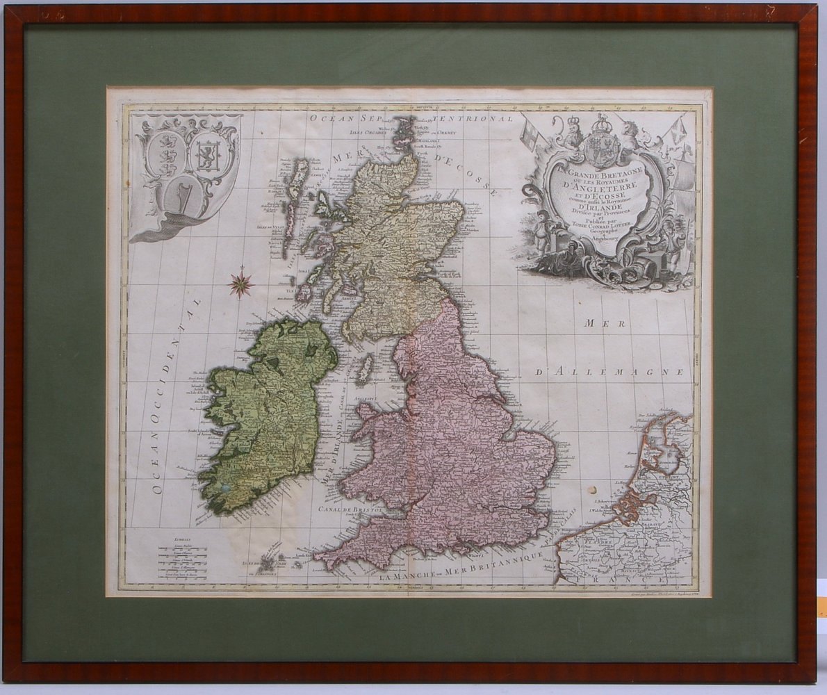 Histor. Landkarte, 'La Grande-Bretagne', Kupferstich/grenzkol., unter PP hinter Glas