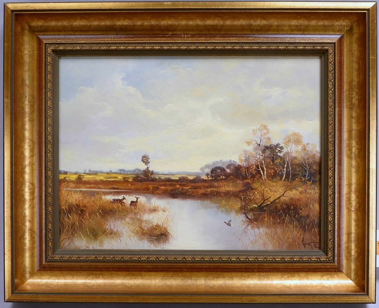 Graf, Erich, 'Wildtiere am See', Öl/Hf, unten re. sign.; Rahmenmaße 42,5 x 52,5 cm