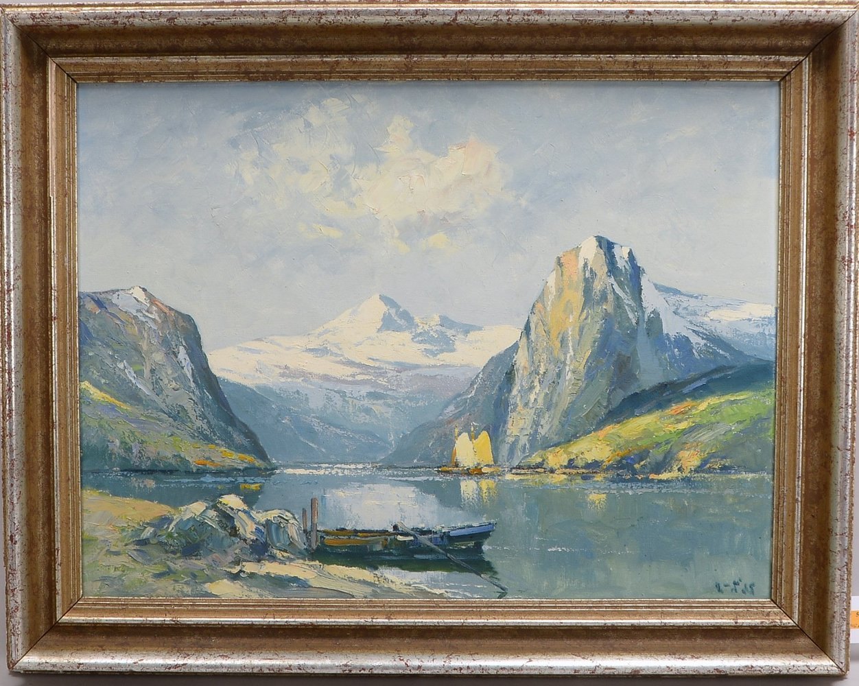Gemälde, '... Bergsee und Kahn', Öl/Lw, unten rechts signiert; Rahmenmaße 76 x 97 cm