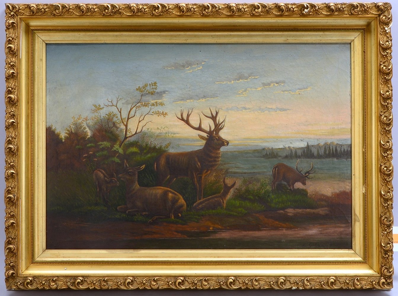 Gemälde (nach E. Göhner), 'Rastende Hirschfamilie', Öl/Lw, unten re. sign./dat. '1871'
