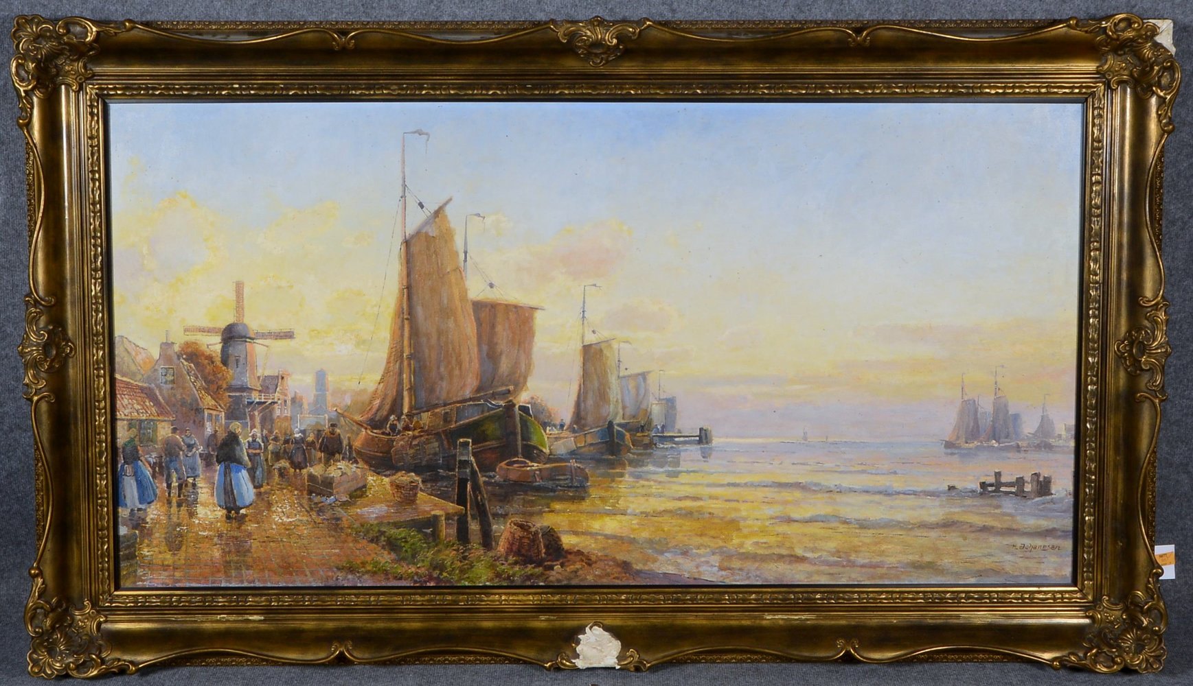 Johannsen, H.(?), 'Marktszene im Hafen', Öl/Lw, unten re. sign.; Rahmenmaße 103 x 178 cm