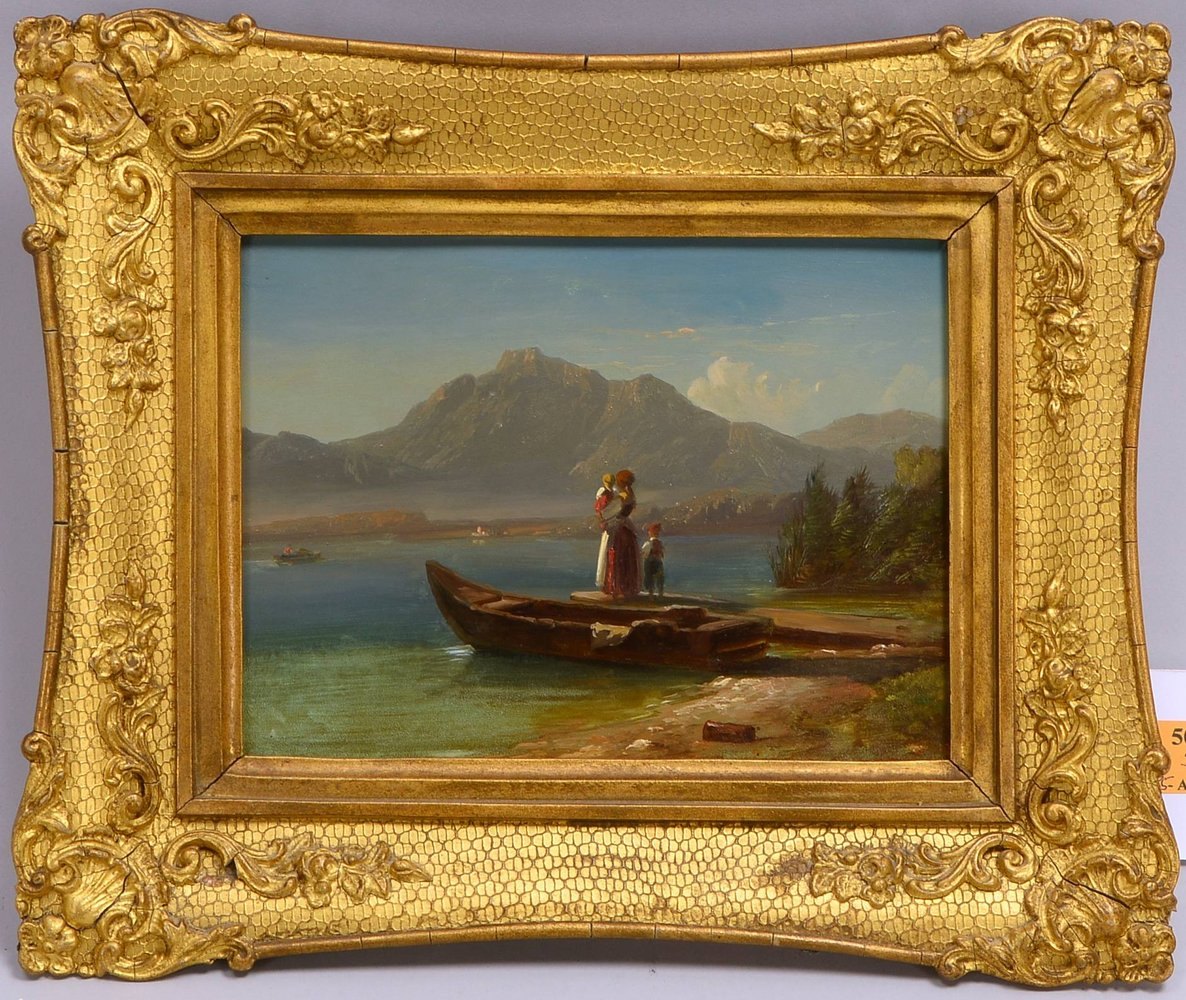 Gemälde, 'Frau mit Kind am See', Öl auf Malkarton/ger.; Rahmenmaße 26,5 x 32,5 cm
