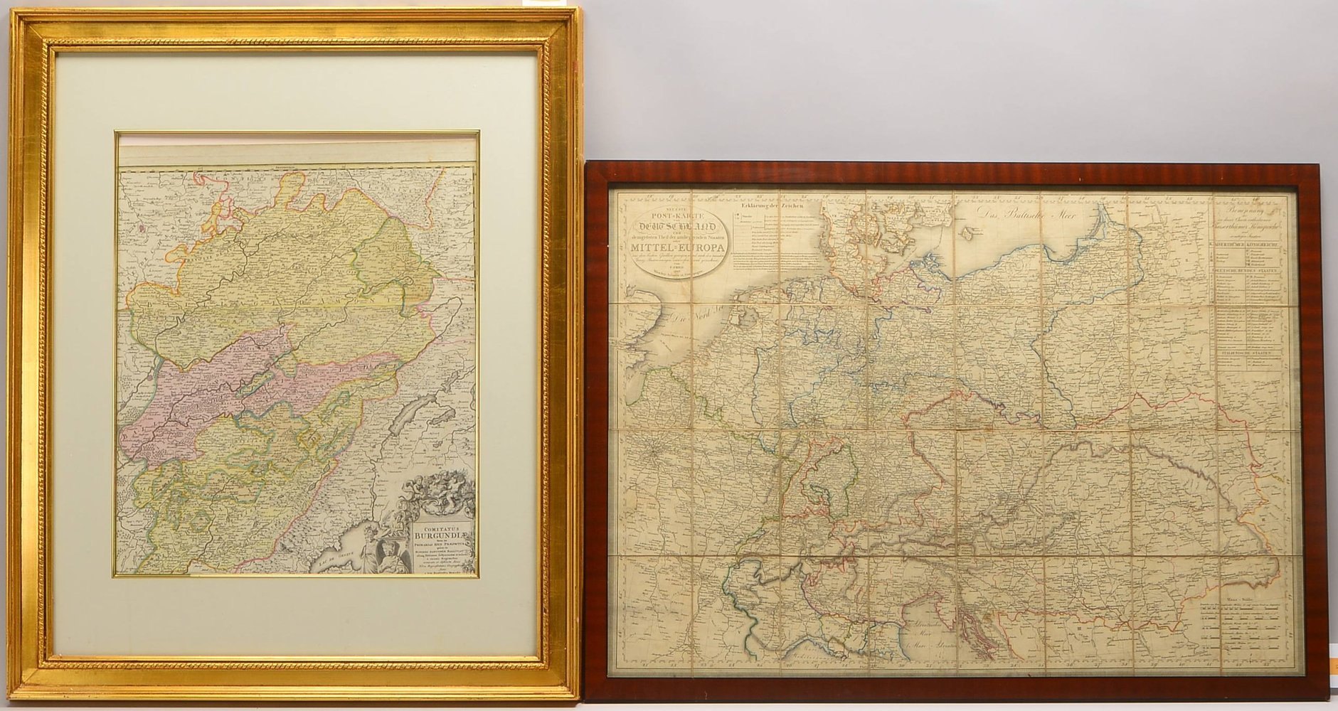 2 histor. Landkarten: 'Burgundia' und 'Mitteleuropa', jeweils hinter Glas gerahmt