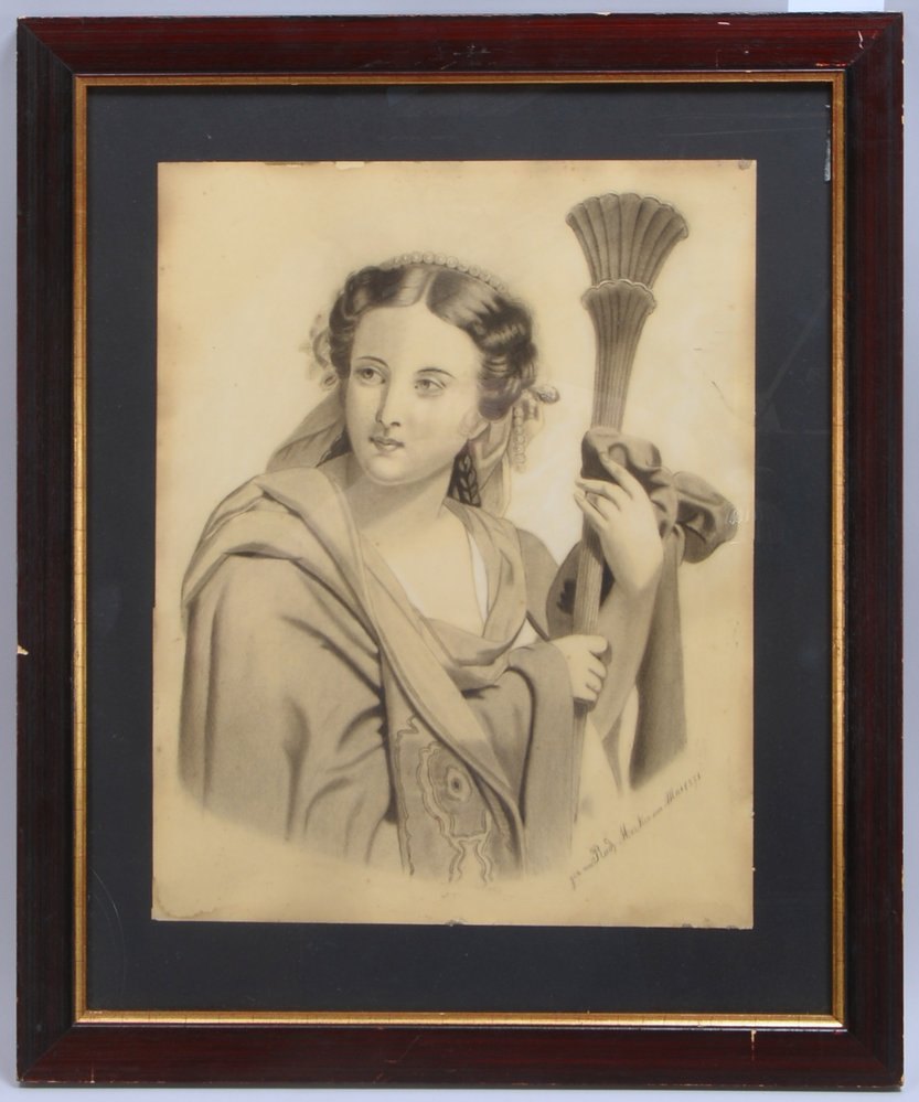 Merker, Rud.(olf), 'Frauenportrait', Bleistiftzeichn., sign./dat. '1871', hinter Glas