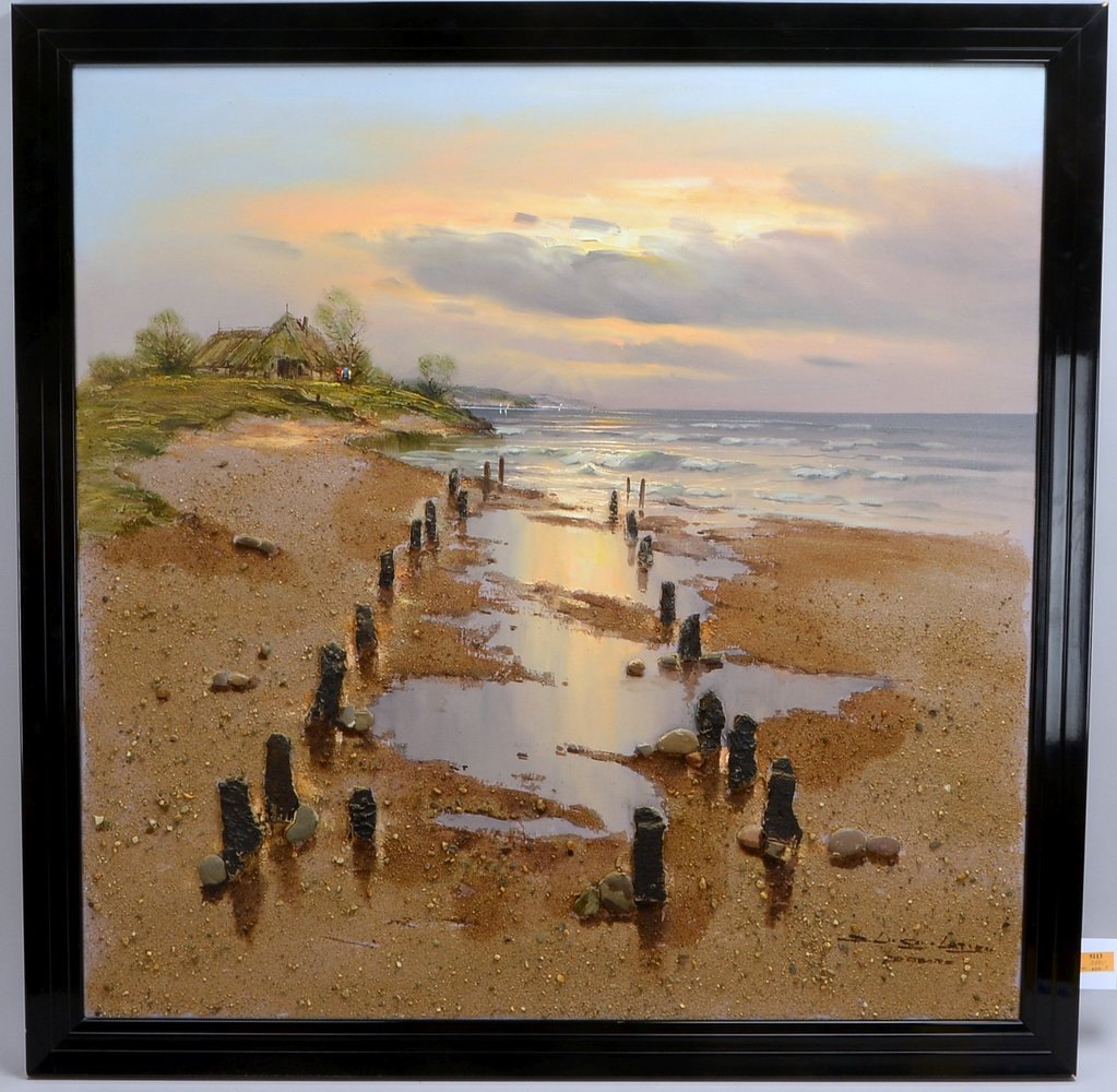 Lukas-Larsen, Dietmar, 'Buhnen am Sandstrand', Collage: Acryl und Sand/Kiesel auf Lw