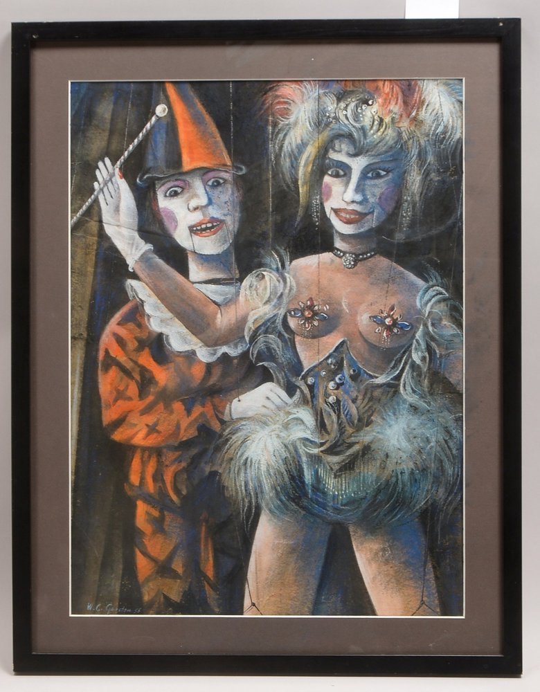 Gerster, W.C., 'Pierrot mit Marionette', Pastell, unten links sign./dat. (19)'56', hinter Glas