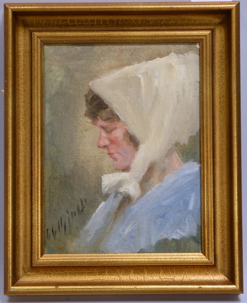 Gemälde, 'Frau mit Kopftuch', Öl/Lw, auf Platte kaschiert, sign.; Bildmaße 30 x 23 cm