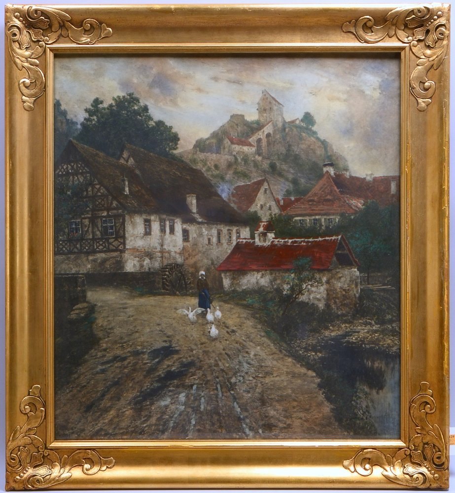 Merker, Max, 'Gänsemagd vor dem Dorf', Fotogravüre, hinter Glas; Rahmenmaße 94 x 87 cm